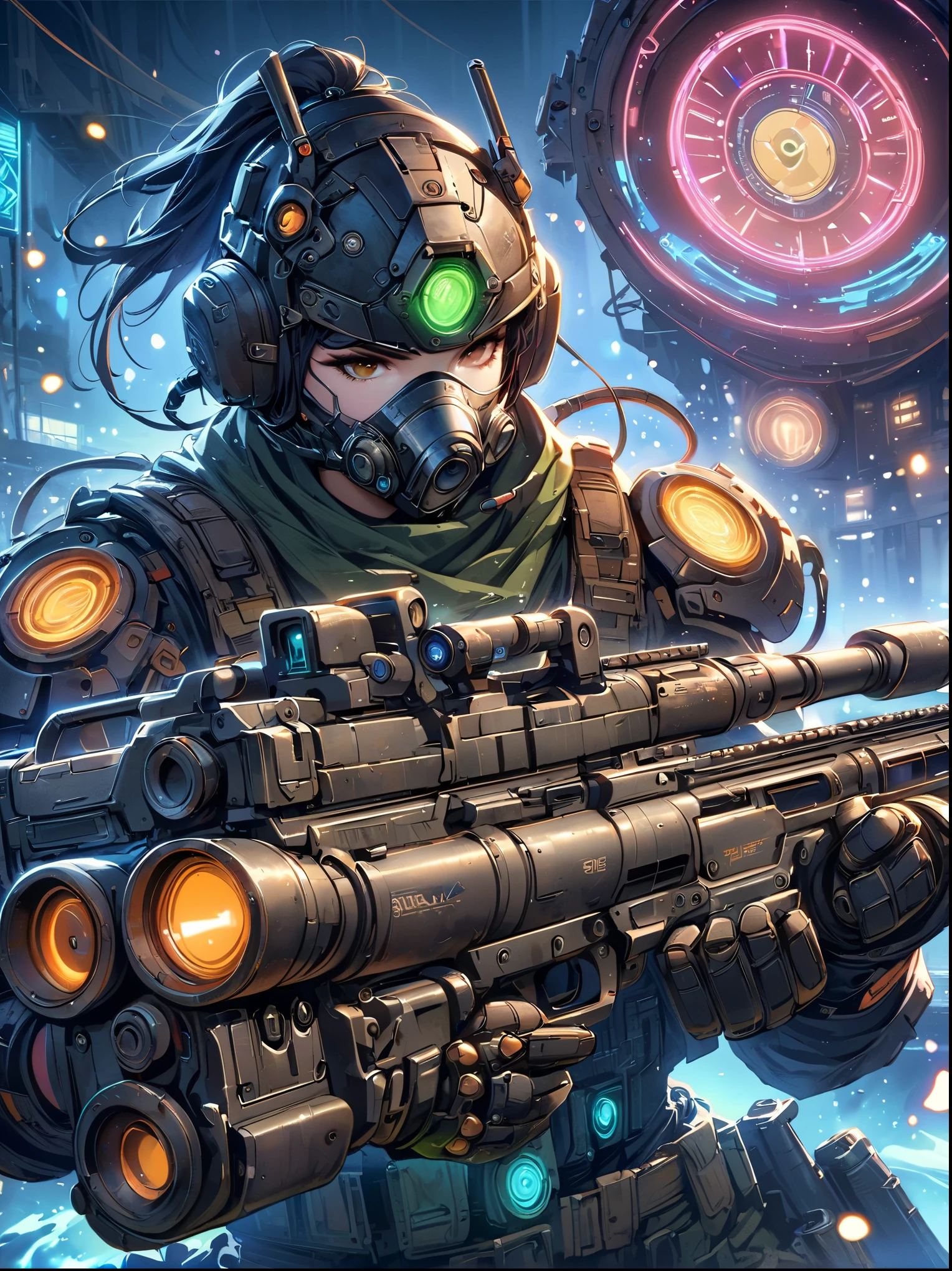 best picture quality,8k,high resolution,masterpiece,Super detailed,Realistic,ultra high definition,studio lighting,Super fine,Physical rendering,Extremely detailed description,major,Bright colors,female warrior,future,battlefield,steel体,Detailed mechanical parts,cable,gear,complex,atmosphere,Art Station Trend,Abnormal Art Trends,mechanized body,Holding a gun with one hand,((Muzzle focus)),Aim at the target,complex的细节,Neon light rays surround,Complex and detailed machinery,Meticulous facets,steel,chrome,polished metal,cable,piston,Servo motors,off-white,weathered,dieselpunk,oil slick,electric,fantasy
