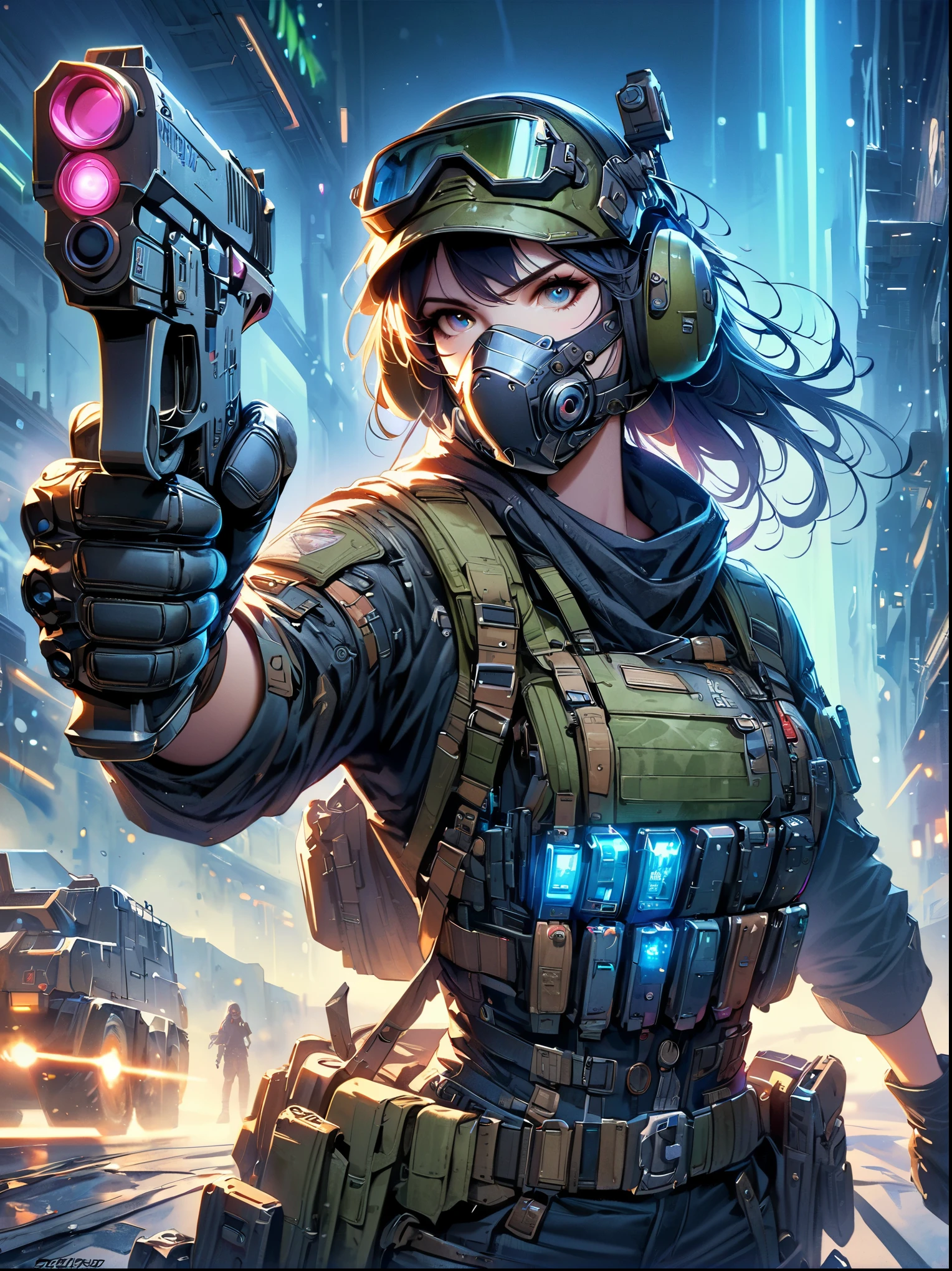 best picture quality,8k,high resolution,masterpiece,Super detailed,Realistic,ultra high definition,studio lighting,Super fine,Physical rendering,Extremely detailed description,major,Bright colors,female warrior,future,battlefield,steel体,Detailed mechanical parts,cable,gear,complex,atmosphere,Art Station Trend,Abnormal Art Trends,mechanized body,Holding a gun with one hand,((Muzzle focus)),Aim at the target,complex的细节,Neon light rays surround,Complex and detailed machinery,Meticulous facets,steel,chrome,polished metal,cable,piston,Servo motors,off-white,weathered,dieselpunk,oil slick,electric,fantasy