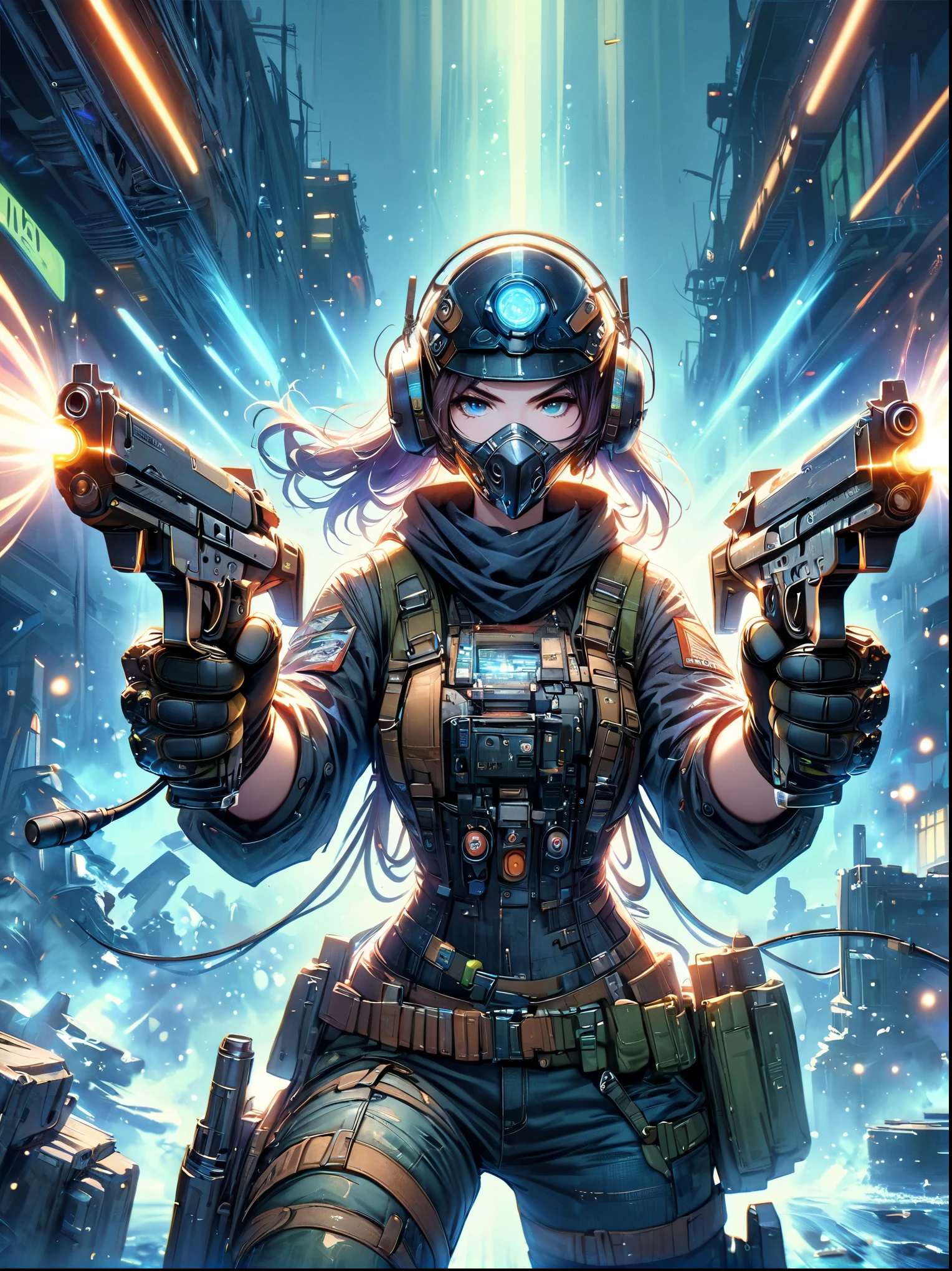 best picture quality，8k，high resolution，masterpiece，Super detailed，Realistic，ultra high definition，studio lighting，Super fine，Physical rendering，Extremely detailed description，major，Bright colors，female warrior，future，battlefield，steel体，Detailed mechanical parts，cable，gear，complex，atmosphere，Art Station Trend，Abnormal Art Trends，mechanized body，Holding a gun with one hand，(gun focus)，Aim at the target，complex的细节，Neon light rays surround，Complex and detailed machinery，Meticulous facets，steel，chrome，polished metal，cable，piston，Servo motors，off-white，weathered，dieselpunk，oil slick，electric，fantasy