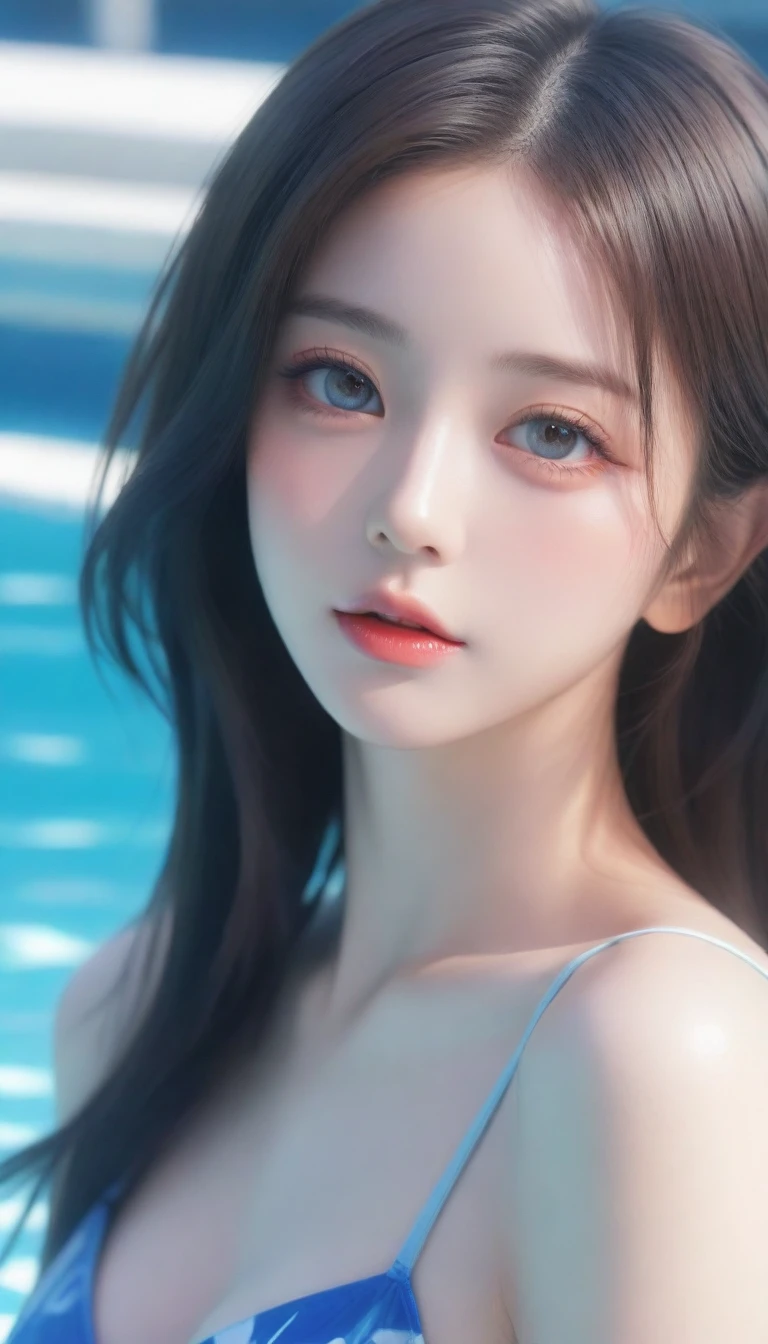 a close up of a woman in a swim suit posing by a pool, beautiful anime girl, seductive anime girl, pretty anime girl, beautiful alluring anime teen, attractive anime girl, cute anime girl, beautiful anime woman, beautiful alluring anime woman, anime girl with long hair, beautiful anime portrait, artwork in the style of guweiz, guweiz