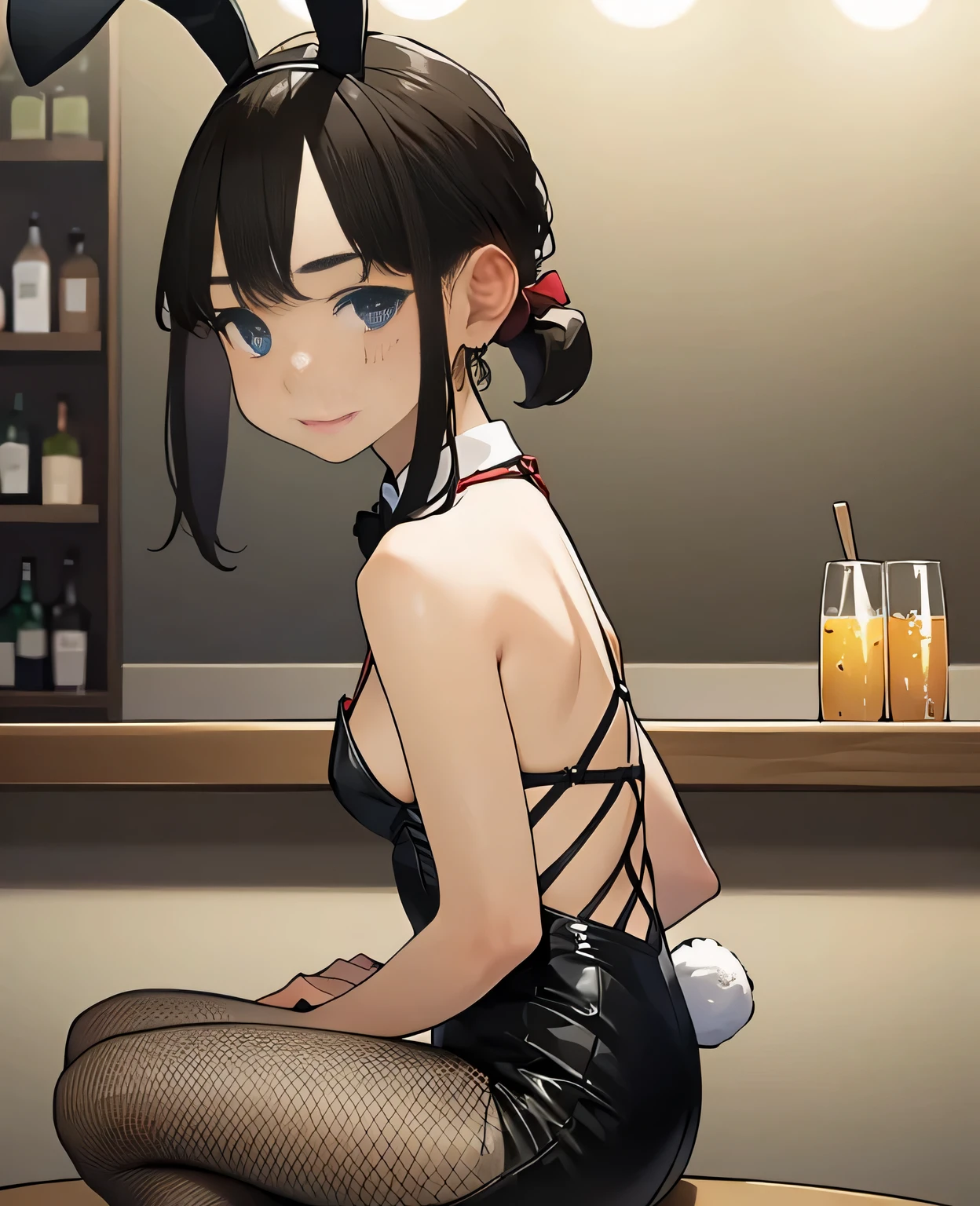 (top-quality、masterpiece、nfsw、ighly detailed、Impresionismo、Photorealsitic:1.2)、Full body, (a bar counter、shop front:1.4)、cara simetrica y hermosa, deep-shadow beauitful face、blurry backround、19 years old, beauty、shinny skin, Beautiful wavy golden hair、poneyTail、Blue eyes, Beauitful face、blurry backround、 Bunny Girl、High-cut leotards、a bow tie、White cuffs、Thighs wrapped in fishnet stockinglack rabbit ears、Have a tray of liquor、sit on the table、sexy, Shy smile、Curve, uncensored, nsfw, very hot, random angle