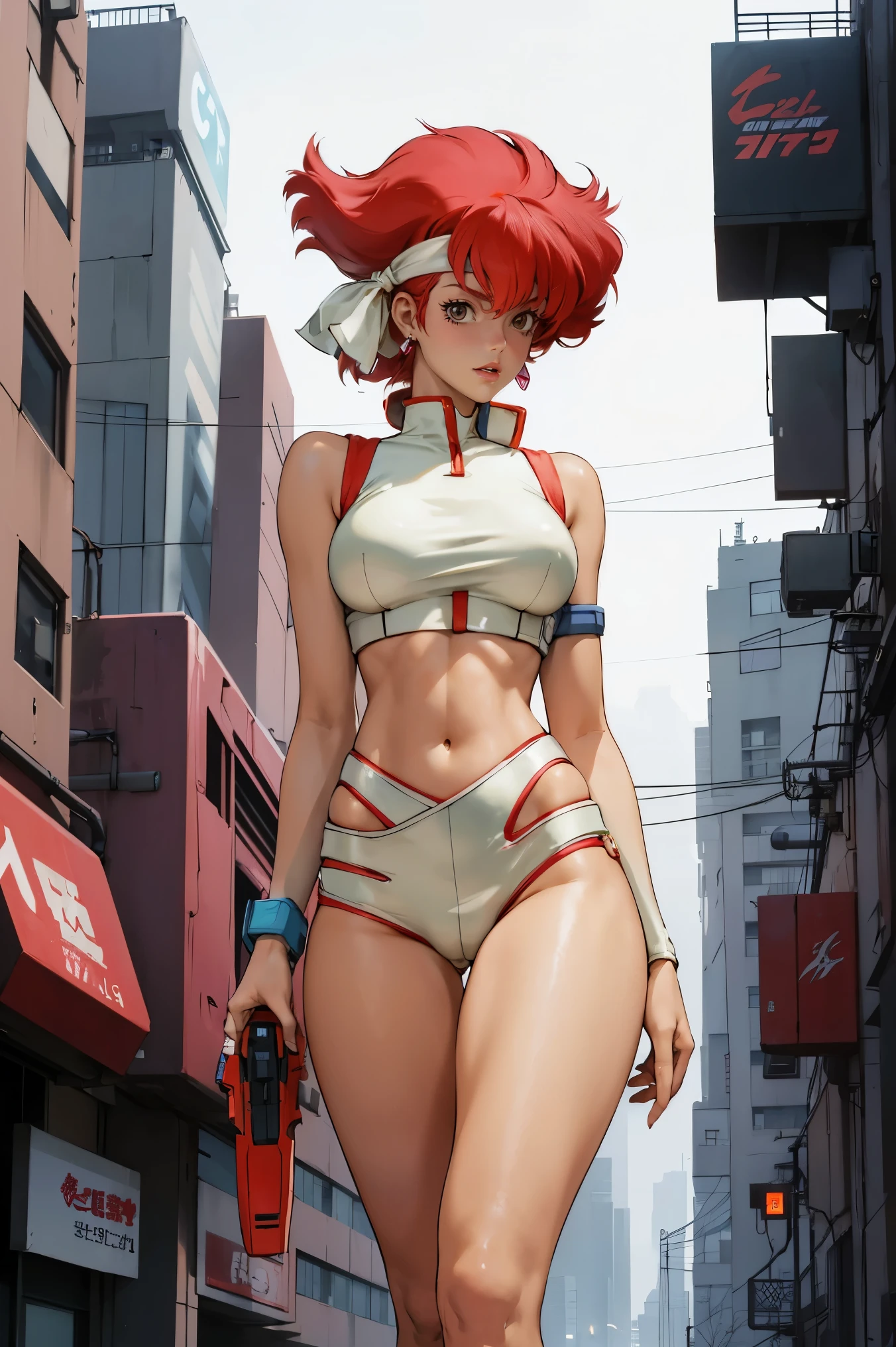 Kei from The Dirty Pair, , wearing a tight outfit, skimpy, medium breast, red hair beauty, cyberpunk city background, holding retro space-gun, headband, slim waist, slim thighs, thigh gap