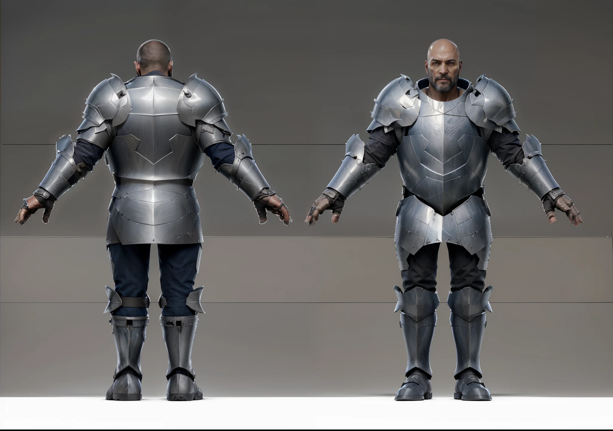 ( Realistic:1.33),(masterpiece:1.1),(highest quality:1.1),(HDR:1) a close up of a paladin with moonlit armor , full body concept, detailed full body concept, medieval paladin style character, full body character concept, new costume concept design, full body details, detailed full body concept art, full character body, character model sheet turnaround, fullbody shot turnaround, concept character sheet, full body concept art, reference model sheet , full body concept art, RPG style character, game character design, concept character, full body character concept art, 3d character reference sheet, male, video game character concept, detailed character design, character sheet, character model sheet turnaround , front and back, front and back, warrior armor, chainmail inside , medieval sleeve, (steel boot armor), moonlit shoulder armor, grey clean background, 3D character, ((detailed knee armor)), heavy armor