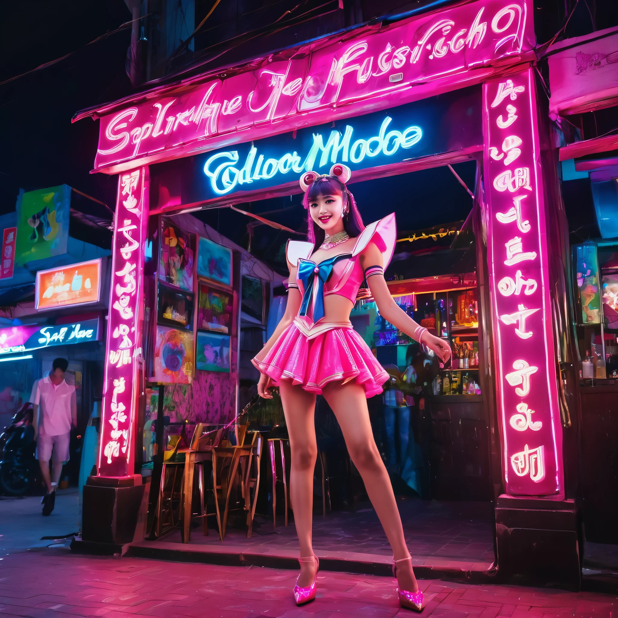 (best quality,highres),A neon sign of sailor moon outside a thai ladyboy bar,nighttime,glowing,anime,colorful characters,lively atmosphere,spectacular lights,enticing entrance,striking appearance,glamorous girls,drag queens,exciting energy,playful,crowded street,thai culture,unique experience,vibrant colors,flashing lights,energetic vibe,neon-pink hues,loud music,dancing,cheerful laughter,fun-filled evening,diverse crowd,sparkling costumes,entertainment stage,attention-grabbing,eye-catching display,memorable night,artistic fusion,traditional and modern influences,detailed decorations,exquisite artwork,meticulous craftsmanship,illusion and fantasy,charming ambiance,party mood.