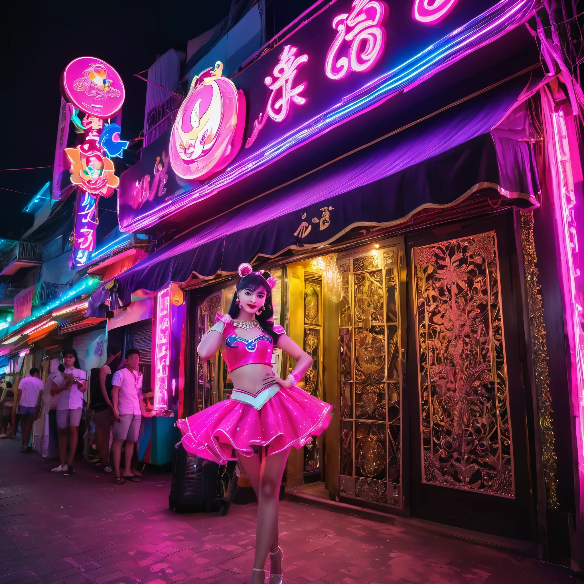 (best quality,highres),A neon sign of sailor moon outside a thai ladyboy bar,nighttime,glowing,anime,colorful characters,lively atmosphere,spectacular lights,enticing entrance,striking appearance,glamorous girls,drag queens,exciting energy,playful,crowded street,thai culture,unique experience,vibrant colors,flashing lights,energetic vibe,neon-pink hues,loud music,dancing,cheerful laughter,fun-filled evening,diverse crowd,sparkling costumes,entertainment stage,attention-grabbing,eye-catching display,memorable night,artistic fusion,traditional and modern influences,detailed decorations,exquisite artwork,meticulous craftsmanship,illusion and fantasy,charming ambiance,party mood.