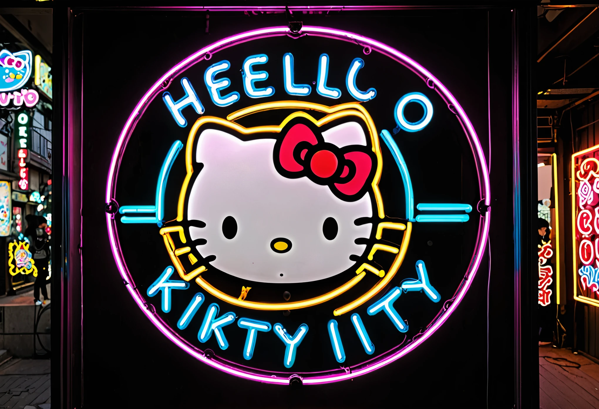 A neon sign of Hello Kitty