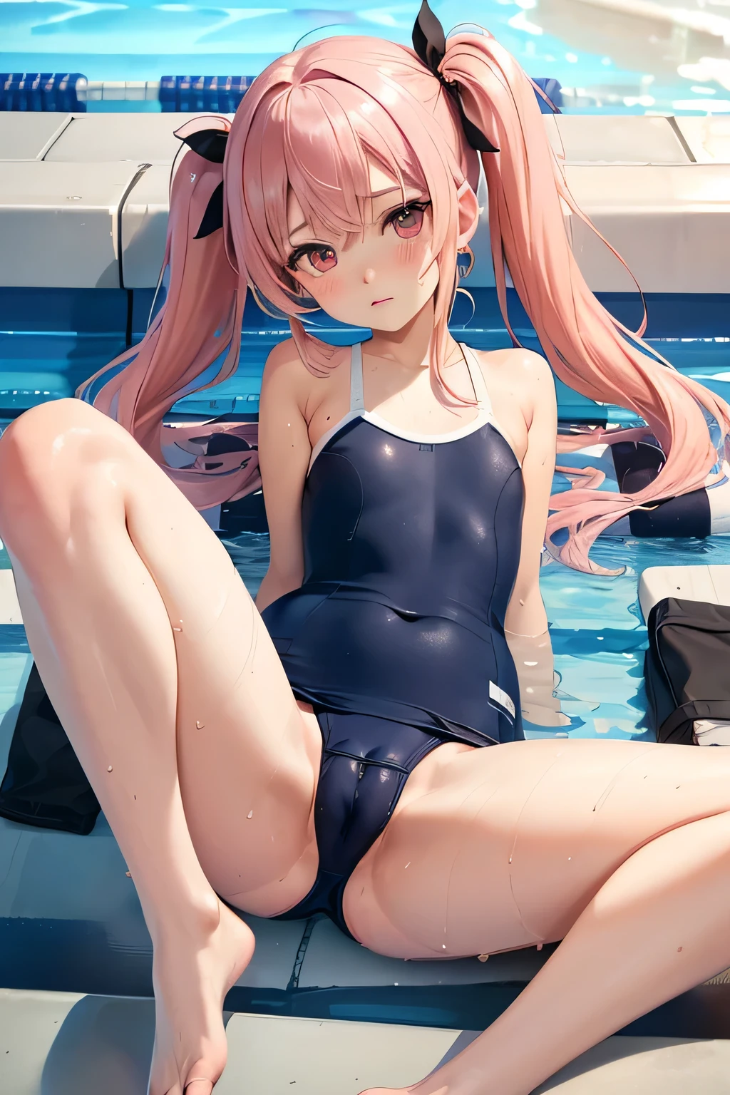 NPFW,pieces fly,masterpiece,highest quality,Super detailed,High resolution,8K portrait,unity 8k wallpaper,shiny skin,High resolution,(:1.2),(change:1.2),(1 girl),beautiful clear eyes,very detailed explanation,delicate face,nice lips,slender body,thin waist,thin legs,(school poolside:1.5),cute type,perfect face,seriously,(blush:1.3),((cute:1.5)),(pink hair twintails:1.3),((flat chest:1.3)),(navy blue school swimsuit:1.2),(spread your legs:1.5),(pussy:1.5)