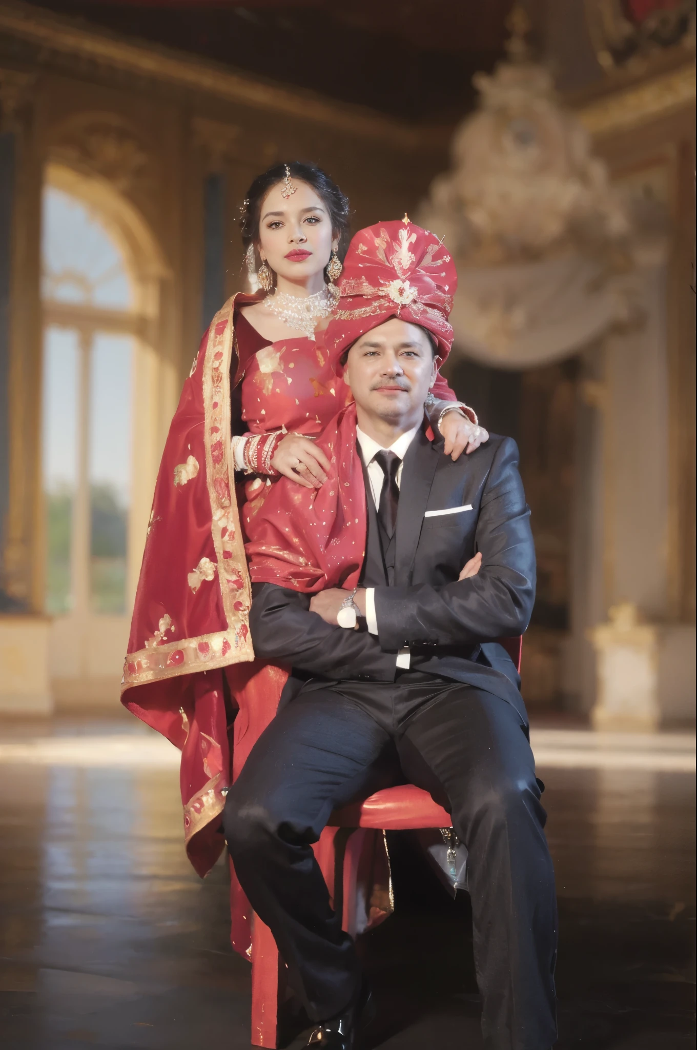 there is a man and woman sitting on a red chair in a large room, beautiful couple, royal background, professional family painting, wedding painting, potrait, luxurious wedding, portrait shot, royal elegant pose, portrait!!!, bejewelled and encrusted royalty, painting, royal photography, masterpiece'