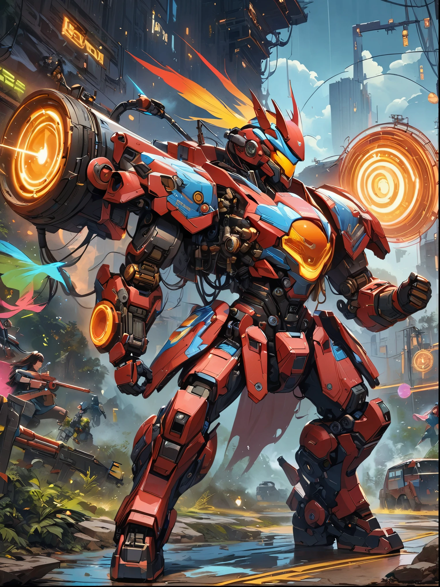 best picture quality,8k,high resolution,masterpiece,Super detailed,Realistic,ultra high definition,studio lighting,Super fine,Physical rendering,Extremely detailed description,major,Bright colors,female warrior,future,battlefield,steel体,Detailed mechanical parts,cable,gear,complex,atmosphere,Art Station Trend,Abnormal Art Trends,mechanized body,Holding a gun with one hand,(gun focus),Aim at the target,complex的细节,Neon light rays surround,Complex and detailed machinery,Meticulous facets,steel,chrome,polished metal,cable,piston,Servo motors,off-white,weathered,dieselpunk,oil slick,electric,fantasy