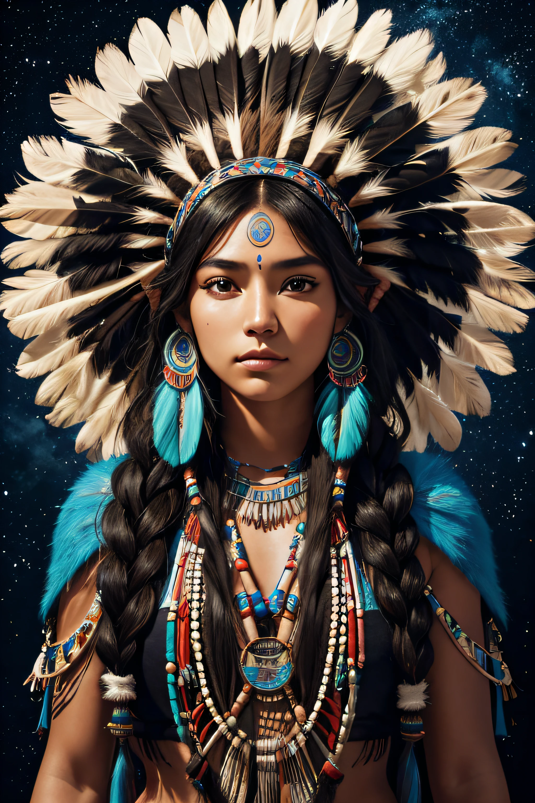 high quality, 8K Ultra HD, highly detailed, Detail of full body portrait of beautiful SHAMAN woman, native american, a mesmerizing 20-year-old girl with an ethereal beauty that rivals the stars, awesome full color, black hair, eyes like stars
