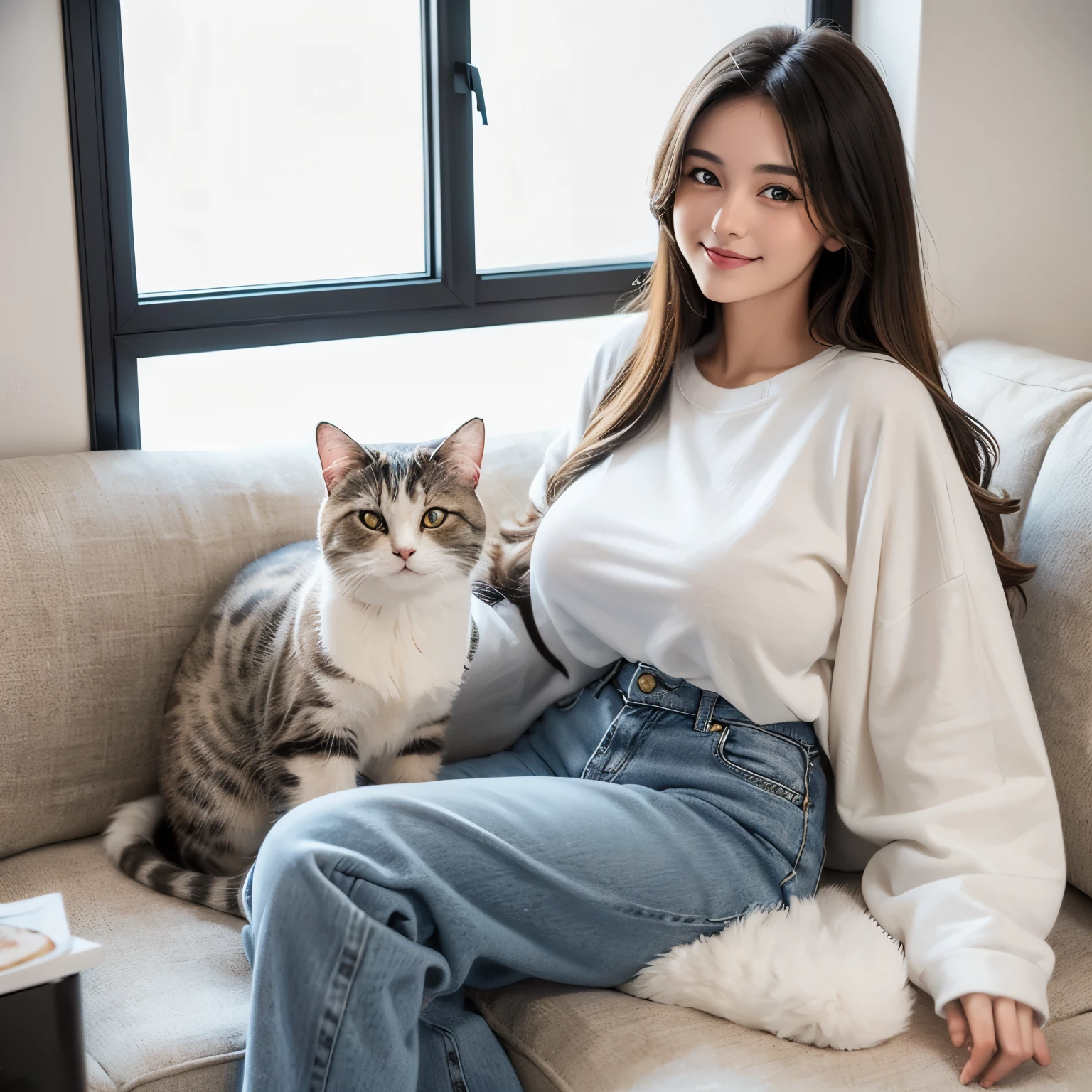 20 year old girl, beautiful girl,big breast,oversized woollen fluffy t-shirts and fluffy pant, set on L-Shape sofa, window side, beautiful wall with a painting, 1 cat,cat,she hold a cat, cat with her,black and white cat , cute smile,photorealistic