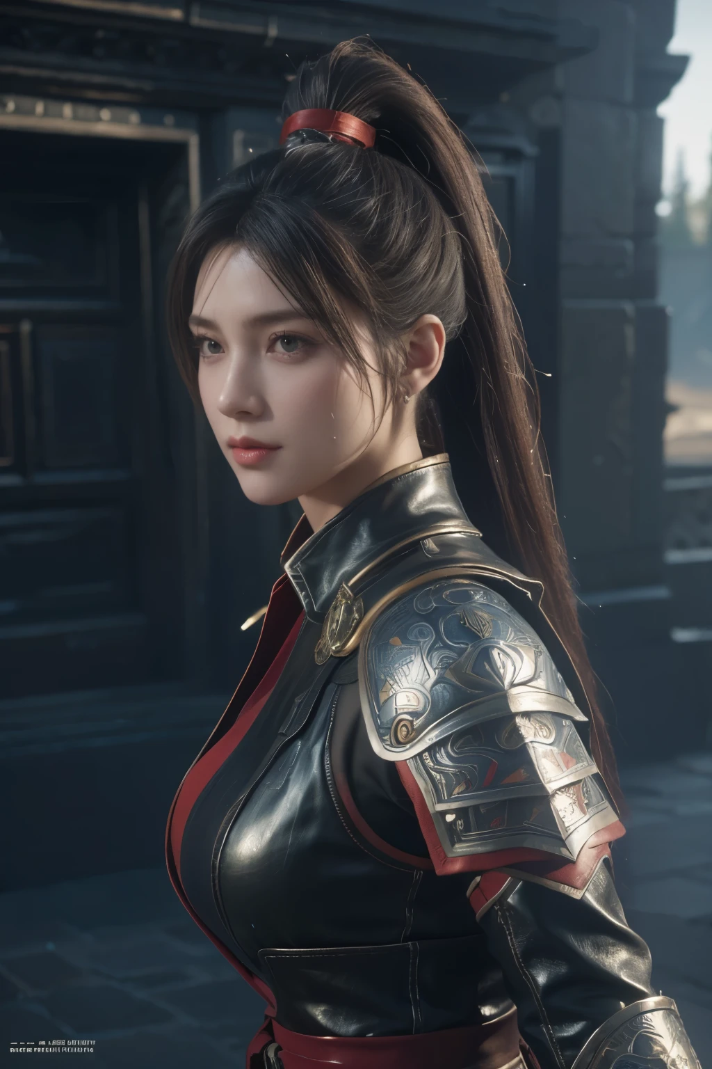 Masterpiece,Game art,The best picture quality,Highest resolution,8K,(Portrait),Unreal Engine 5 rendering works,(Digital Photography),
Girl,Beautiful pupil,(Gradual Long ponytail hair is blue and red),Busty,(Big breasts),(Portrait photography:1.5),
(Soldiers of the ancient fantasy style),Ancient soldier armor,(The armor is inlaid with leather and metal,Combat accessories,Joint Armor,Cloak,A fine badge pattern on the dress,Red and black),Ancient fantasy style characters,
Movie lights，Ray tracing，Game CG，((3D Unreal Engine))，OC rendering reflection pattern