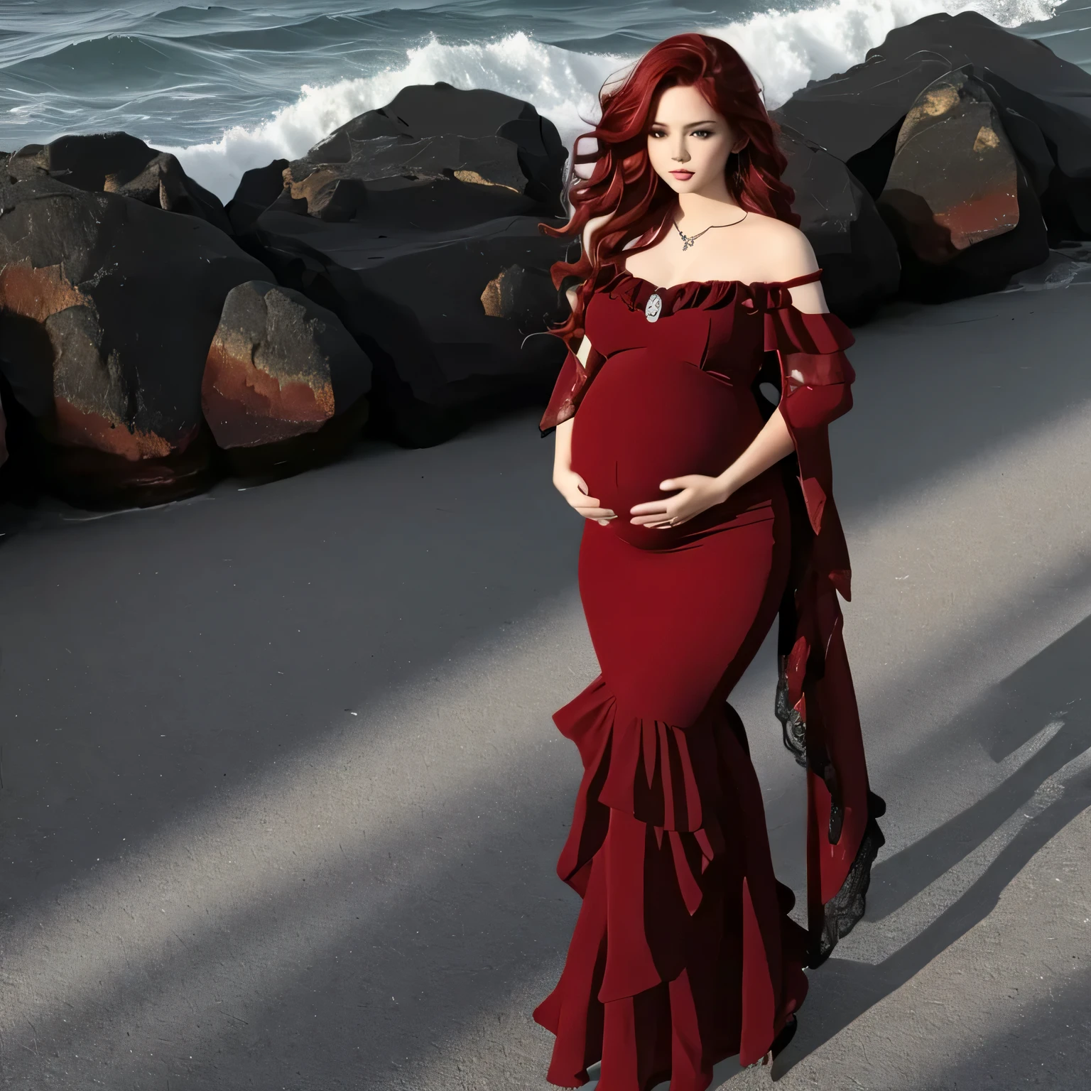 Beautiful pregnant woman, wavy red hair, red slit mermaid dress, full body shot