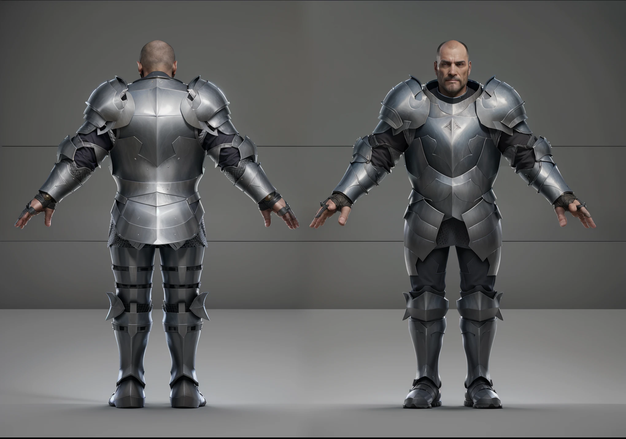 ( Realistic:1.33),(masterpiece:1.1),(highest quality:1.1),(HDR:1) a close up of a paladin with moonlit armor , full body concept, detailed full body concept, medieval paladin style character, full body character concept, new costume concept design, full body details, detailed full body concept art, full character body, character model sheet turnaround, fullbody shot turnaround, concept character sheet, full body concept art, reference model sheet , full body concept art, RPG style character, game character design, concept character, full body character concept art, 3d character reference sheet, male, video game character concept, detailed character design, character sheet, character model sheet turnaround , front and back, front and back, warrior armor, chainmail inside , medieval sleeve, (steel boot armor), moonlit shoulder armor, grey clean background, 3D character, ((detailed knee armor)), heavy armor