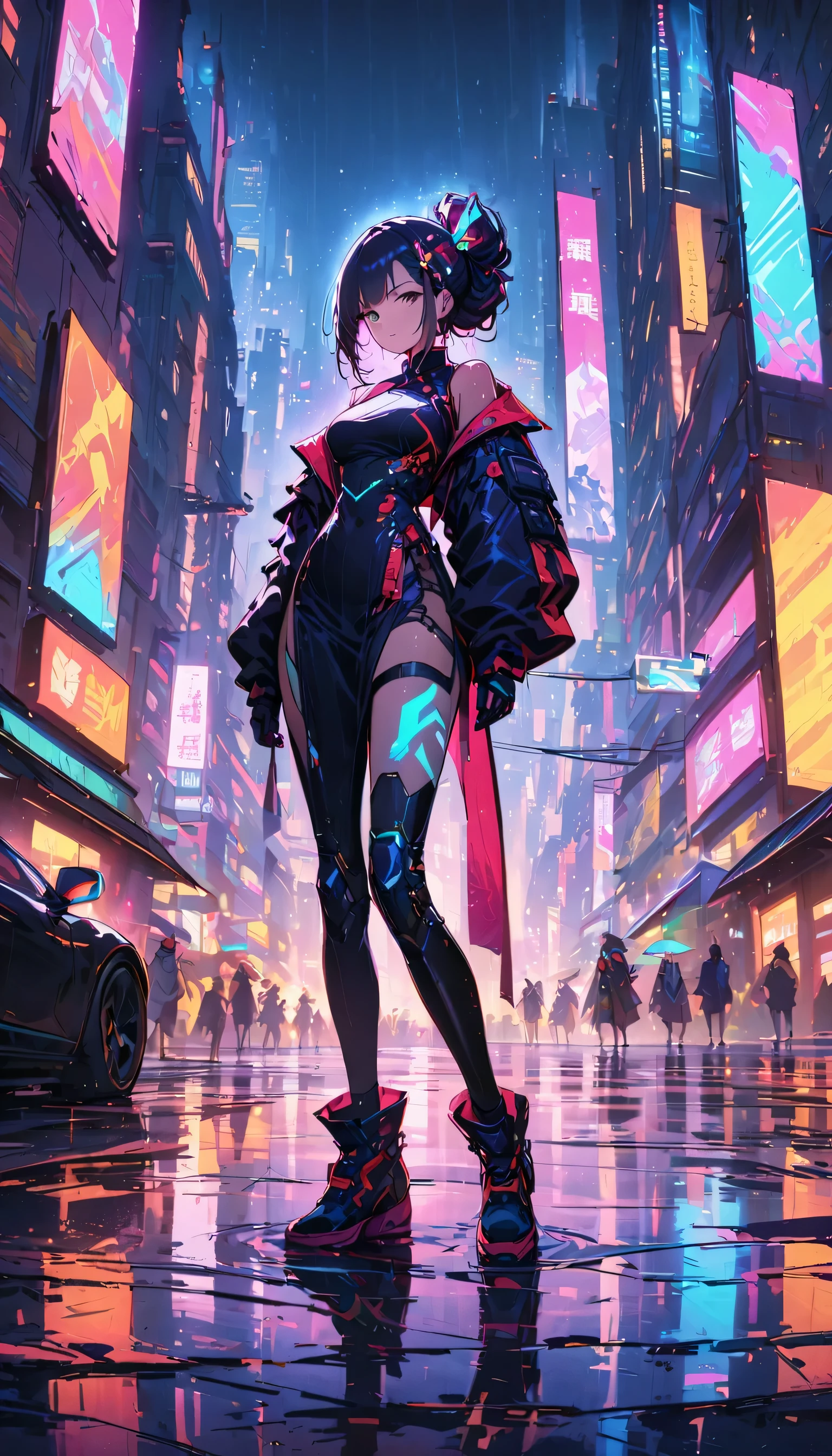 (best quality), (Super fine), (masterpiece), illustration, A girl Chinese costume cyberpunk, （cyberpunk，China costume，cybernetic implants），looking at camera,hair accessories, bright colors，dynamic lighting，neon lights，glowing city skyline，Holographic projection，future fashion clothing，A combination of traditional and modern elements，Avant-garde makeup，Exquisite hairstyle，confidence and determination，city environment，downpour，Reflections on slippery roads，Metallic，Mechanical armor, Gorgeous accessories，High-tech products，Impressive cybernetic enhancements，Clear focus，gnarly details, Overclocked rendering, Cinematic edge light, fine light, masterpiece, Super details, epic work, ultra high definition, high quality, 32k