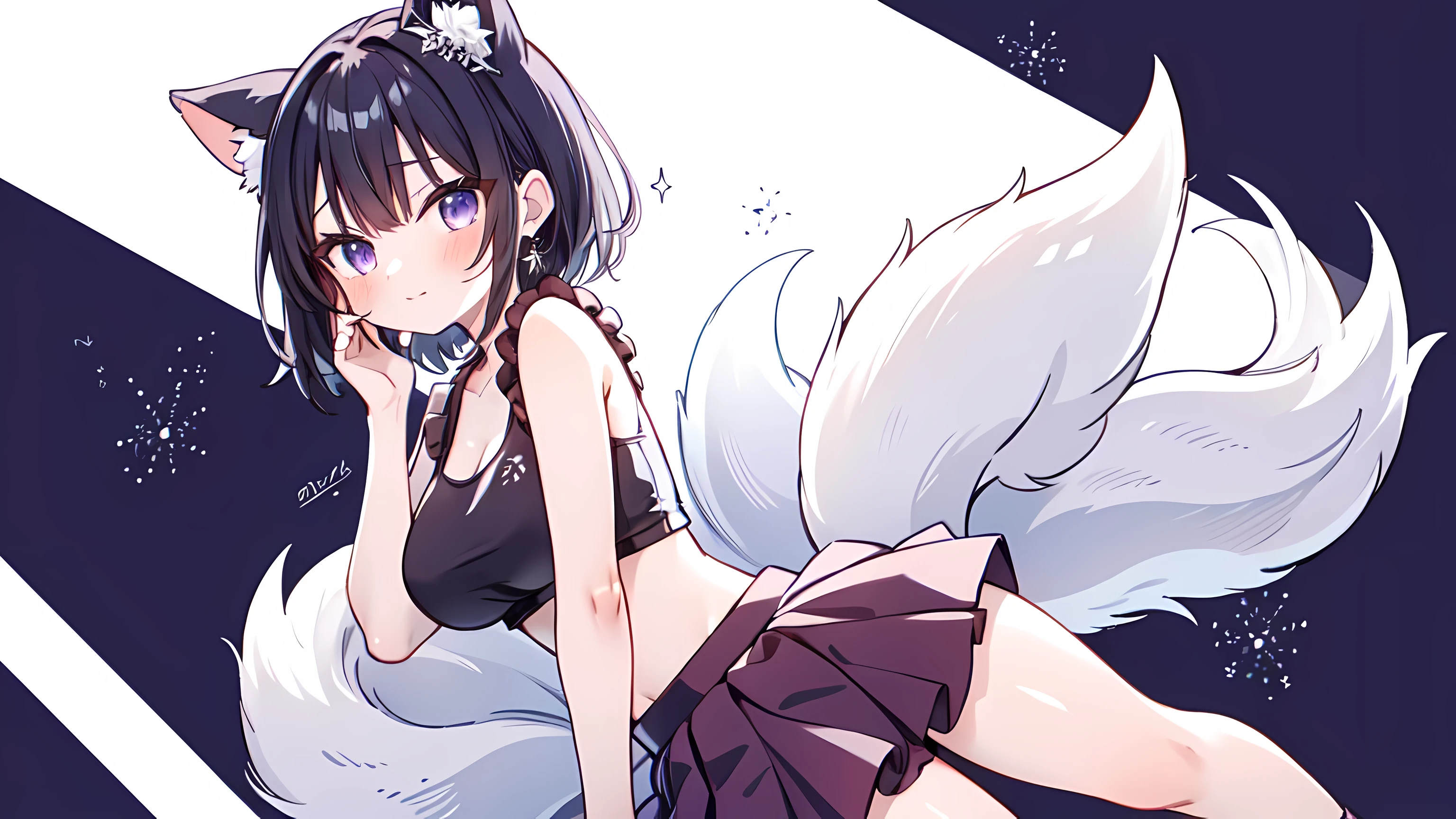 Purple eyes, anime style, pretty girl, foxgirl, short black hair, ((red crop top)), ((purple skirt)), earrings, fox tail, princess tiara, 8k, hi-res.