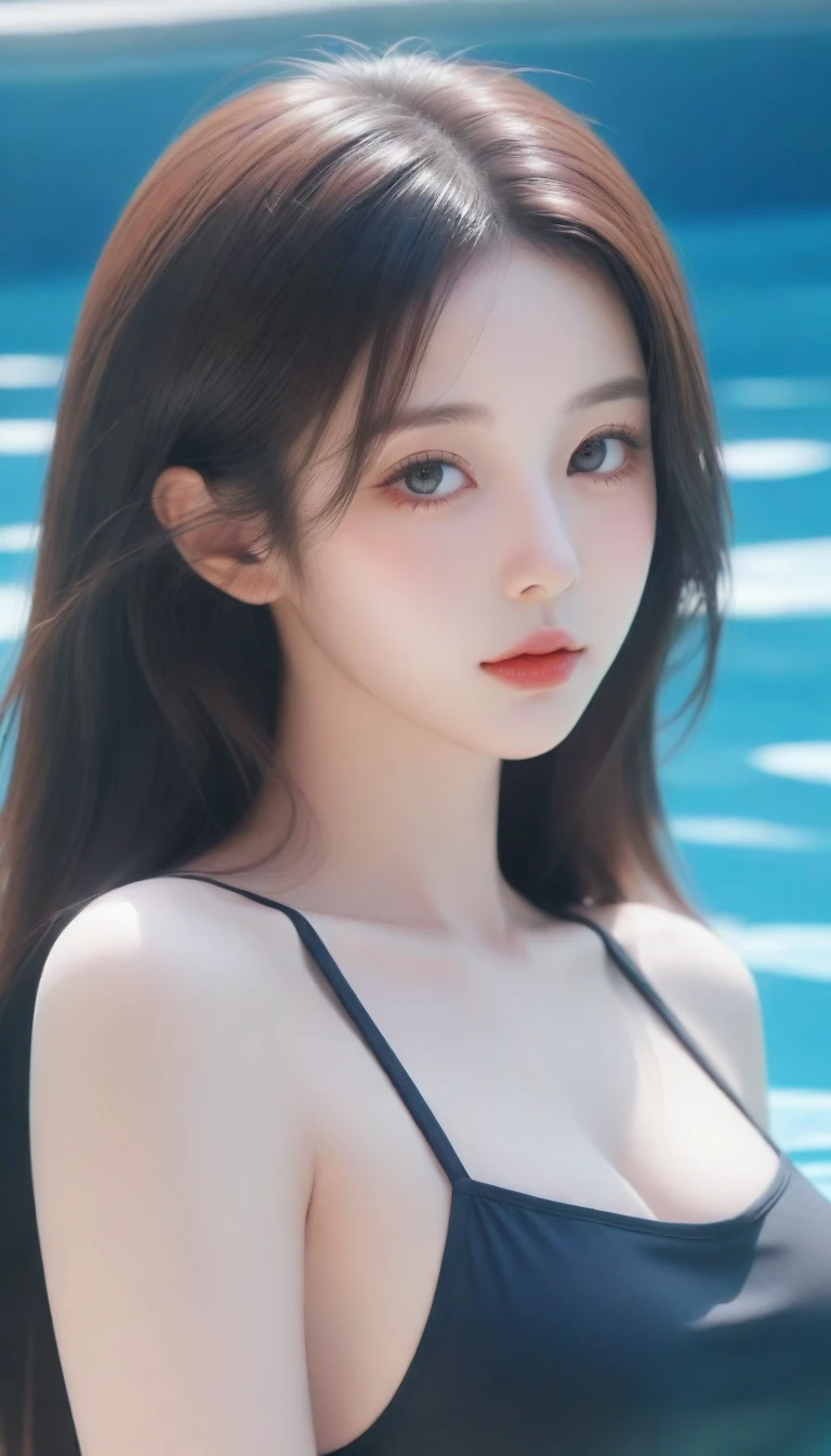 a close up of a woman in a swim suit posing by a pool, beautiful anime girl, seductive anime girl, pretty anime girl, beautiful alluring anime , attractive anime girl, cute anime girl, beautiful anime woman, beautiful alluring anime woman, anime girl with long hair, beautiful anime portrait, artwork in the style of guweiz, guweiz