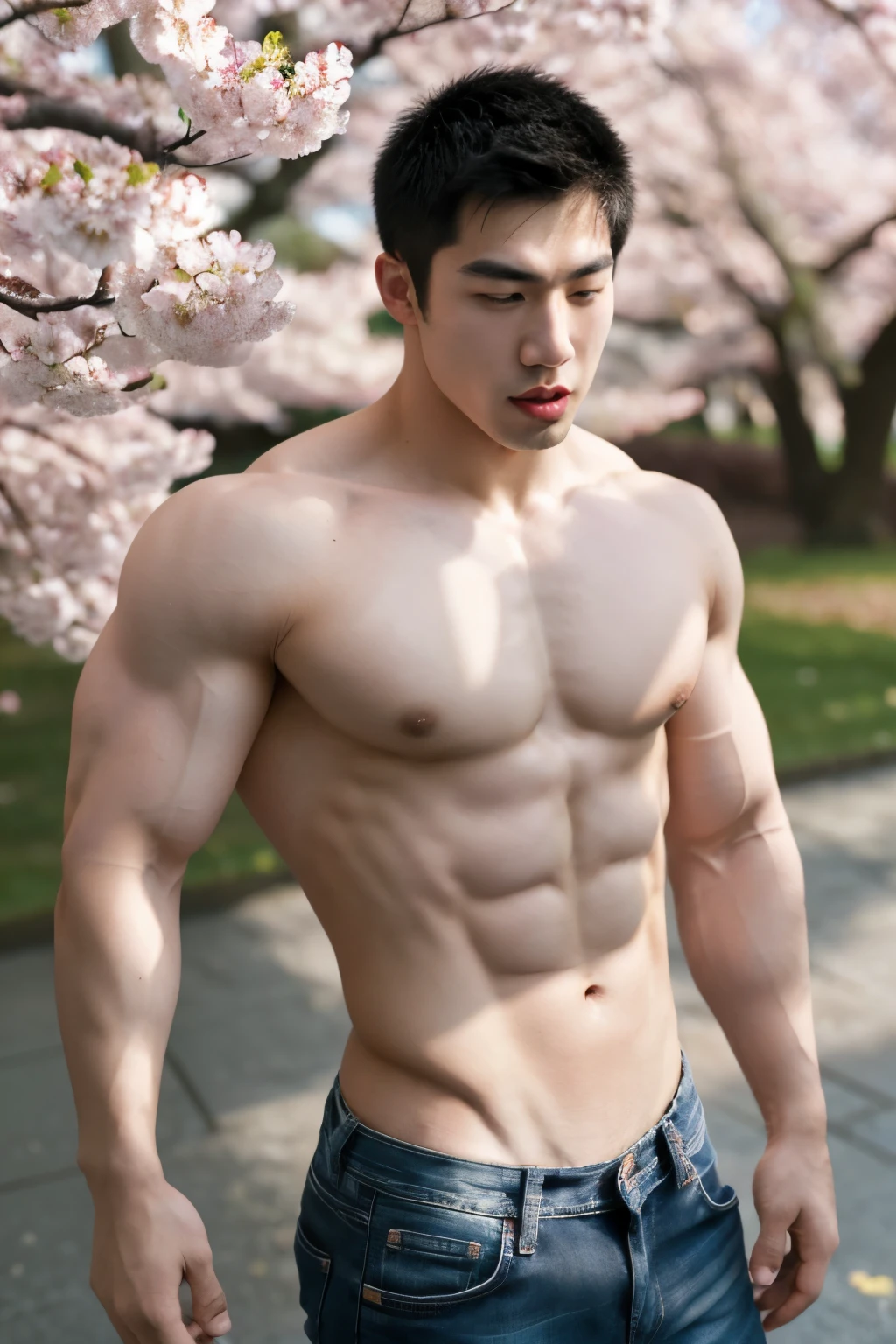 Asian Kevin Kreider posing in a cherry blossom garden, bodybuilder, angry face, medium shot, (superflat lighting:1.4), light behind the camera, shirtless, wearing black jeans, lower perspective