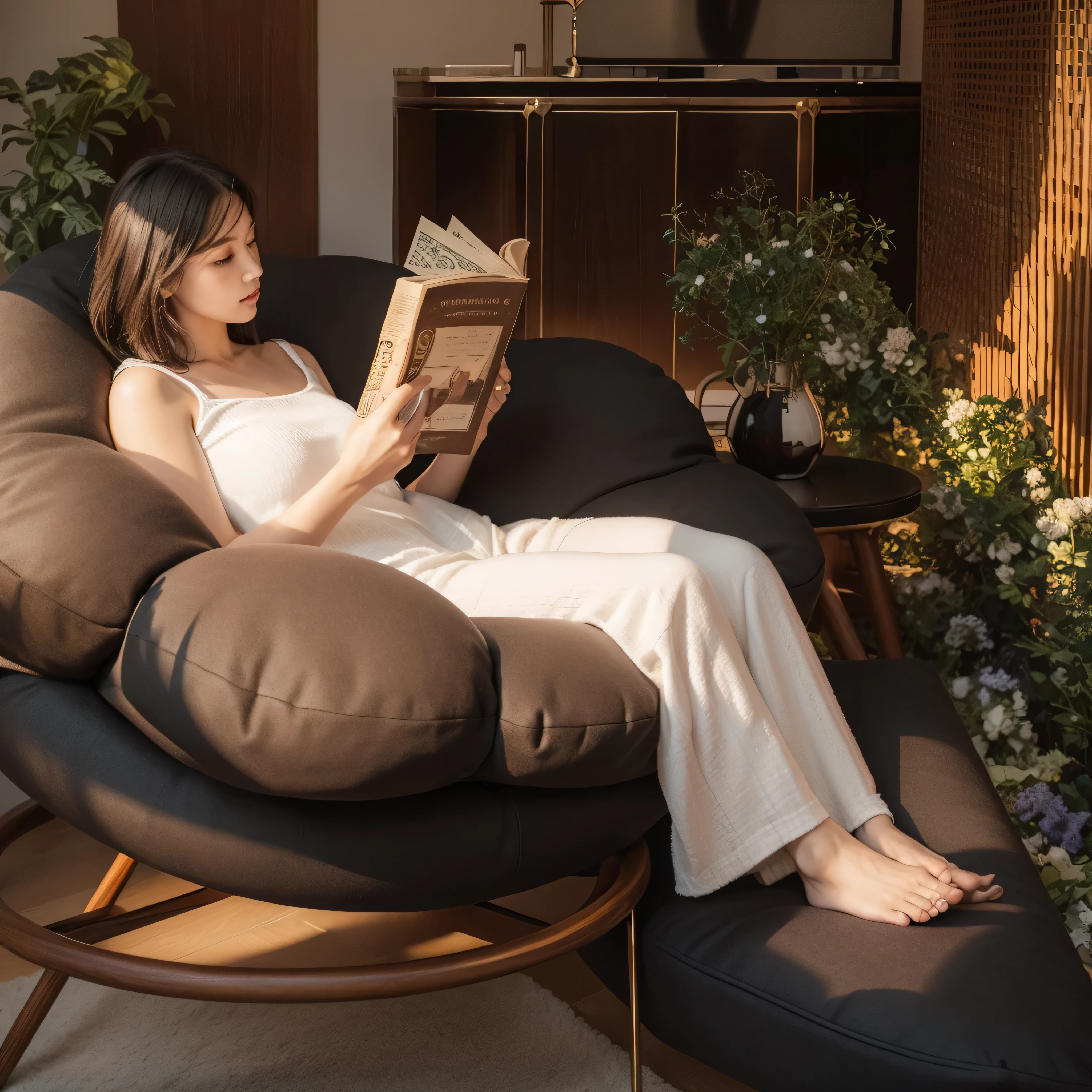 woman sitting in a chair reading a book in the living room, Relax on a modern sofa, in a comfortable chair, relaxing environment, placed in the living room, placed in a large living room, Designed for comfort and beauty!, surreal, hyper realistic rendering, hyper realistic rendering, real reality images, in the living room, portrait shooting, comfortable chair