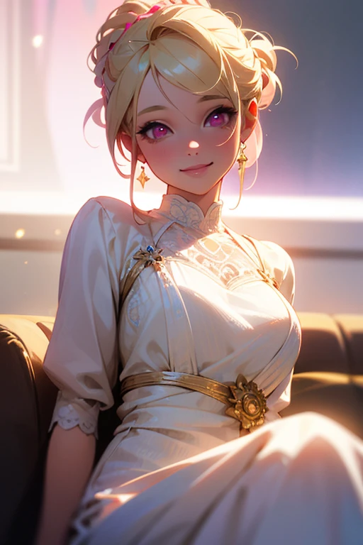 girl, pink eyes, blonde hair, updo hair, white dress, realistic details, high resolution, beautiful lighting, smile face