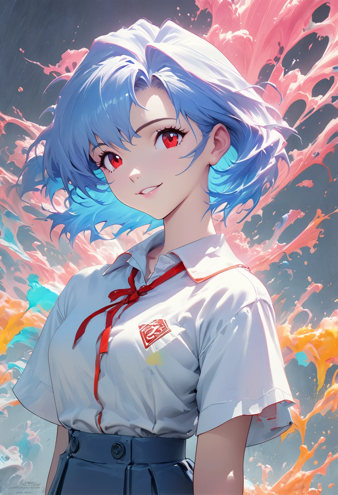 Masterpiece Portrait of Smiling Rei Ayanami (Neon Genesis Evangelion), Neon Genesis Evangelion (Hideaki), Caustics, High resolution illustration, Red eyes, feminine, no students, blue hair,  short hair, Japanese school, loafers, spook, Synthwave, paint splashs, Shadow flat illustration, The art of math, Popular topics on ArtStation, Very detailed, fine details, complex, splash, transcend, Auto parts, neon color