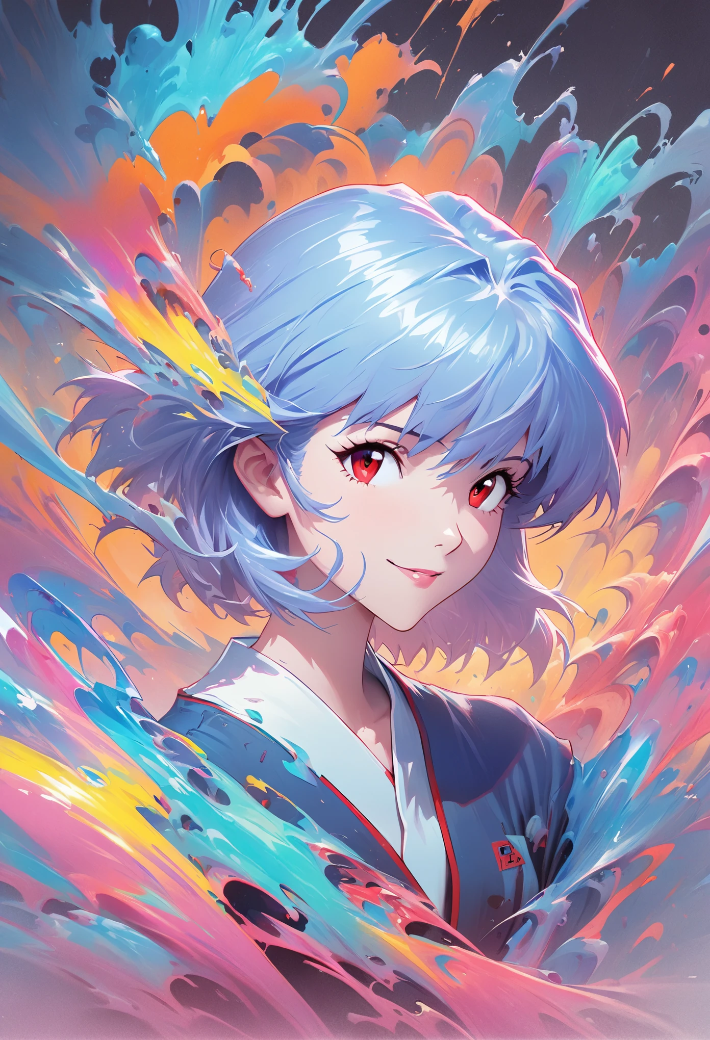 Masterpiece Portrait of Smiling Rei Ayanami (Neon Genesis Evangelion), Neon Genesis Evangelion (Hideaki), Caustics, High resolution illustration, Red eyes, feminine, no students, blue hair, short hair, Japanese school, loafers, spook, Synthwave, paint splashs, Shadow flat illustration, The art of math, Popular topics on ArtStation, Very detailed, fine details, complex, splash, transcend, Auto parts, neon color