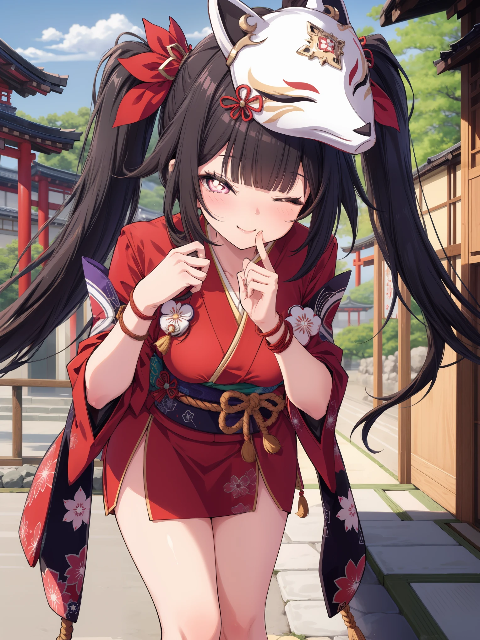 ((masterpiece,best quality)), 1girl, sparklehsr, mask on head, wrist rope, symbol-shaped pupils, leaning forward, finger to mouth, blurry background, Japanese scenery, smile, one eye closed
