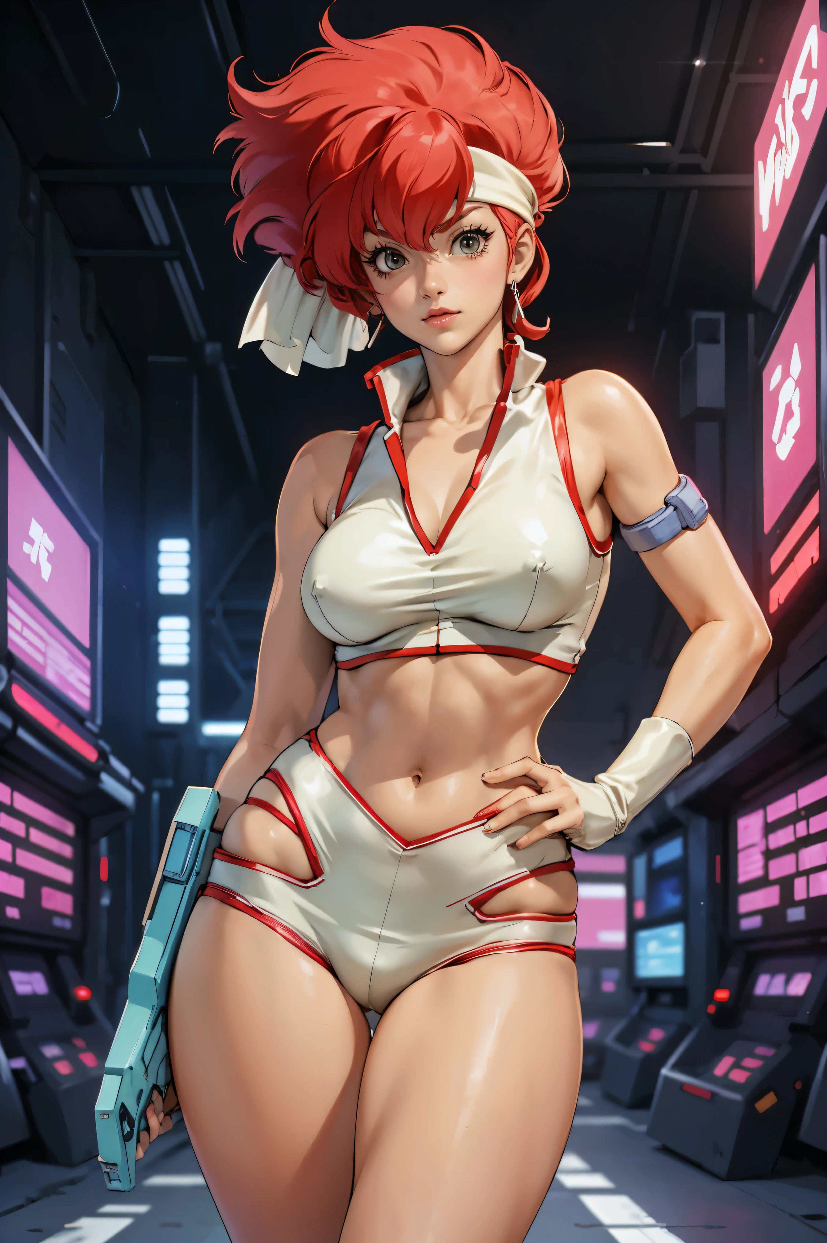 Kei from The Dirty Pair, , wearing a tight outfit, skimpy, medium breast, red hair beauty, cyberpunk city background, holding retro space-gun, headband, slim waist, slim thighs, thigh gap