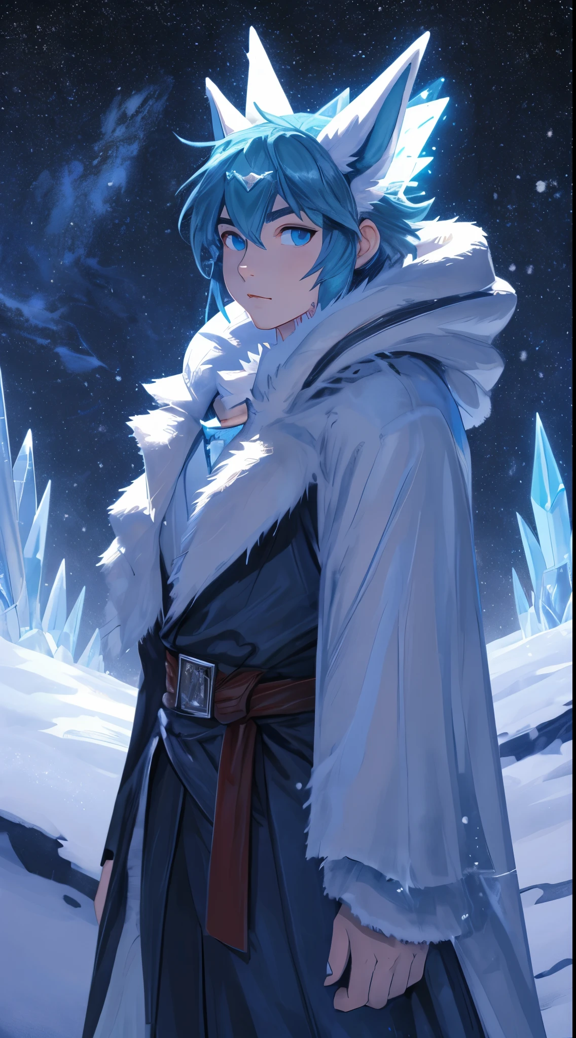 masterpiece, best quality, HD, ultra-detailed, vivid colors, Pokemon Glaceon, snow Evee, snow pokemon, icy pokemon, (furry:1.35), humanoid, humanization, anthropomorphic, on 2 legs, beautiful detailed eyes, frozen environment, icy blue color palette, ((crystal-like fur)), long fluffy tail and ears, detailed crystal green hair color, beautiful bangs of hair, curly strands of hair, ((ice cloth, cloth with mantle, fur coat:1.25)), snowflakes floating around, dramatic pose, aurora borealis in the sky