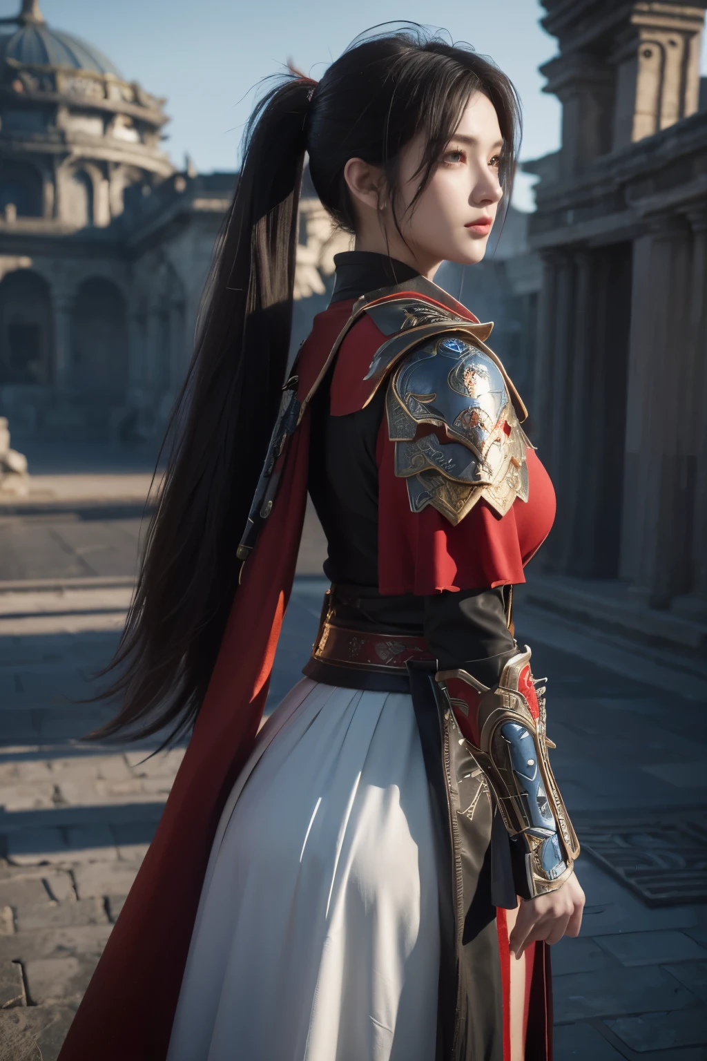 Masterpiece,Game art,The best picture quality,Highest resolution,8K,(Portrait),Unreal Engine 5 rendering works,(Digital Photography),
Girl,Beautiful pupil,(Gradual Long ponytail hair is blue and red),Busty,(Big breasts),(Portrait photography:1.5),
(Soldiers of the ancient fantasy style),Ancient soldier armor,(The armor is inlaid with leather and metal,Combat accessories,Joint Armor,Cloak,A fine badge pattern on the dress,Red and black),Ancient fantasy style characters,
Movie lights，Ray tracing，Game CG，((3D Unreal Engine))，OC rendering reflection pattern