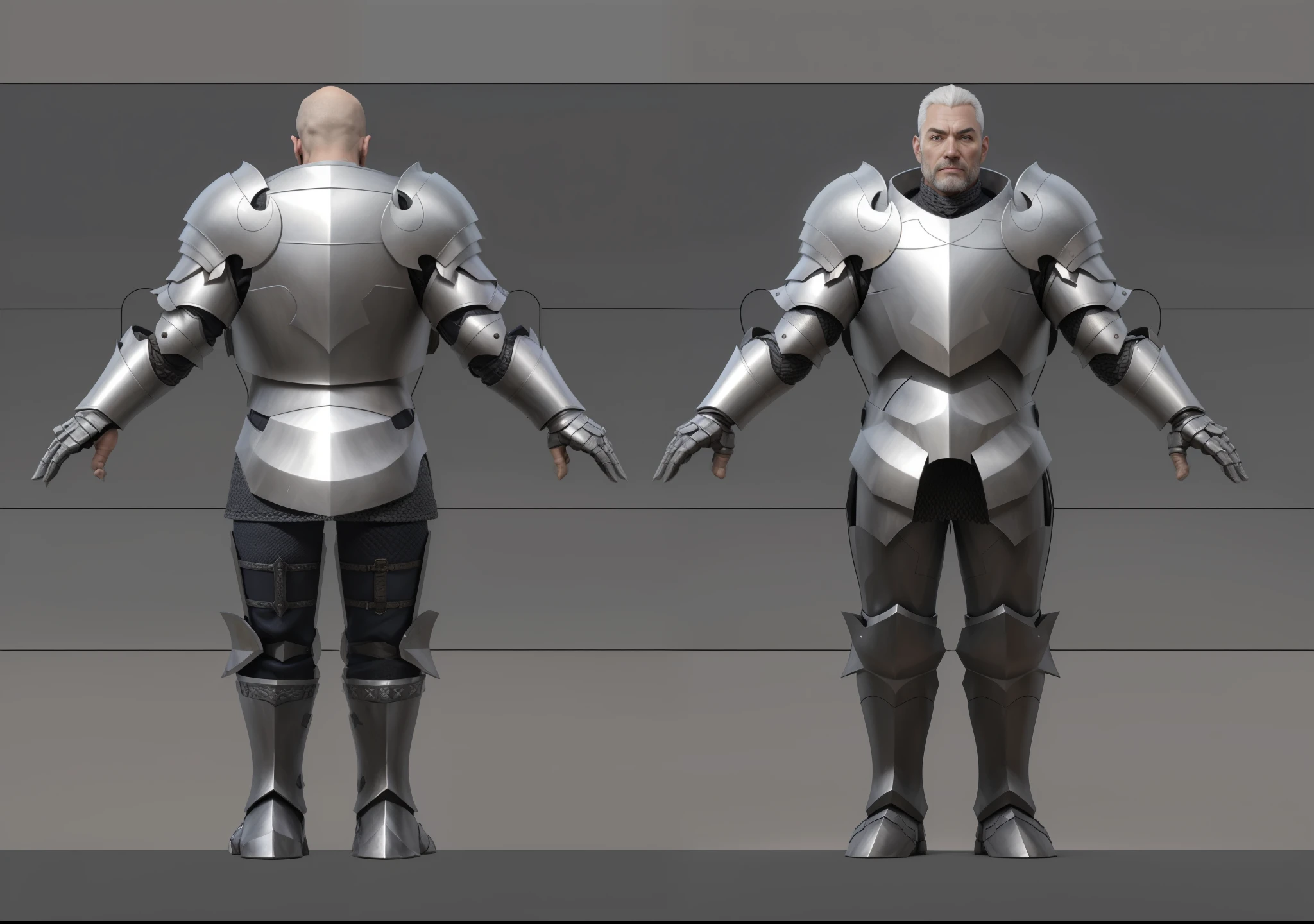 ( Realistic:1.33),(masterpiece:1.1),(highest quality:1.1),(HDR:1) a close up of a paladin with moonlit armor , full body concept, detailed full body concept, medieval paladin style character, full body character concept, new costume concept design, full body details, detailed full body concept art, full character body, character model sheet turnaround, fullbody shot turnaround, concept character sheet, full body concept art, reference model sheet , full body concept art, RPG style character, game character design, concept character, full body character concept art, 3d character reference sheet, male, video game character concept, detailed character design, character sheet, character model sheet turnaround , front and back, front and back, warrior armor, chainmail inside , medieval sleeve, (steel boot armor), moonlit shoulder armor, grey clean background, 3D character, ((detailed knee armor)), heavy armor, detail gauntlet finger