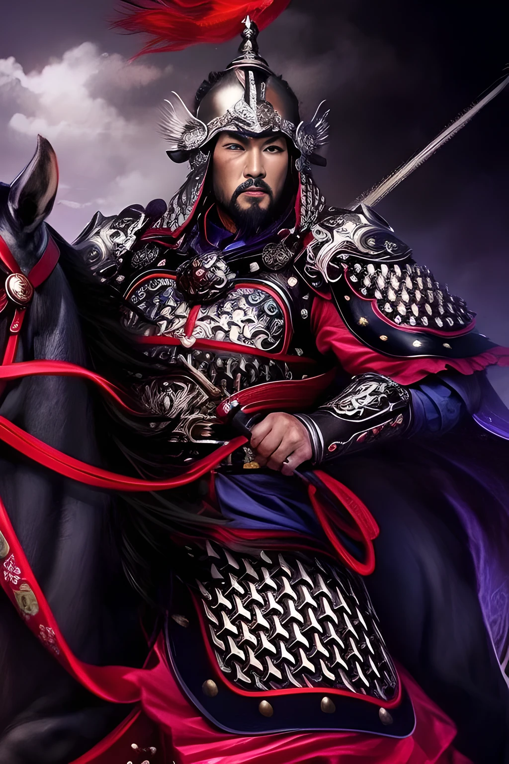 Painting of man in armor riding horse with red feathers, , Photo , Mongol, 宣德emperor, Guan yu, three kingdoms of china, inspired 宣德emperor, from the three kingdoms, zhao yun, Chinese warrior, Inspired by Wu Bin, emperor, Inspired by Hu Zaobin, Kim Young-ki