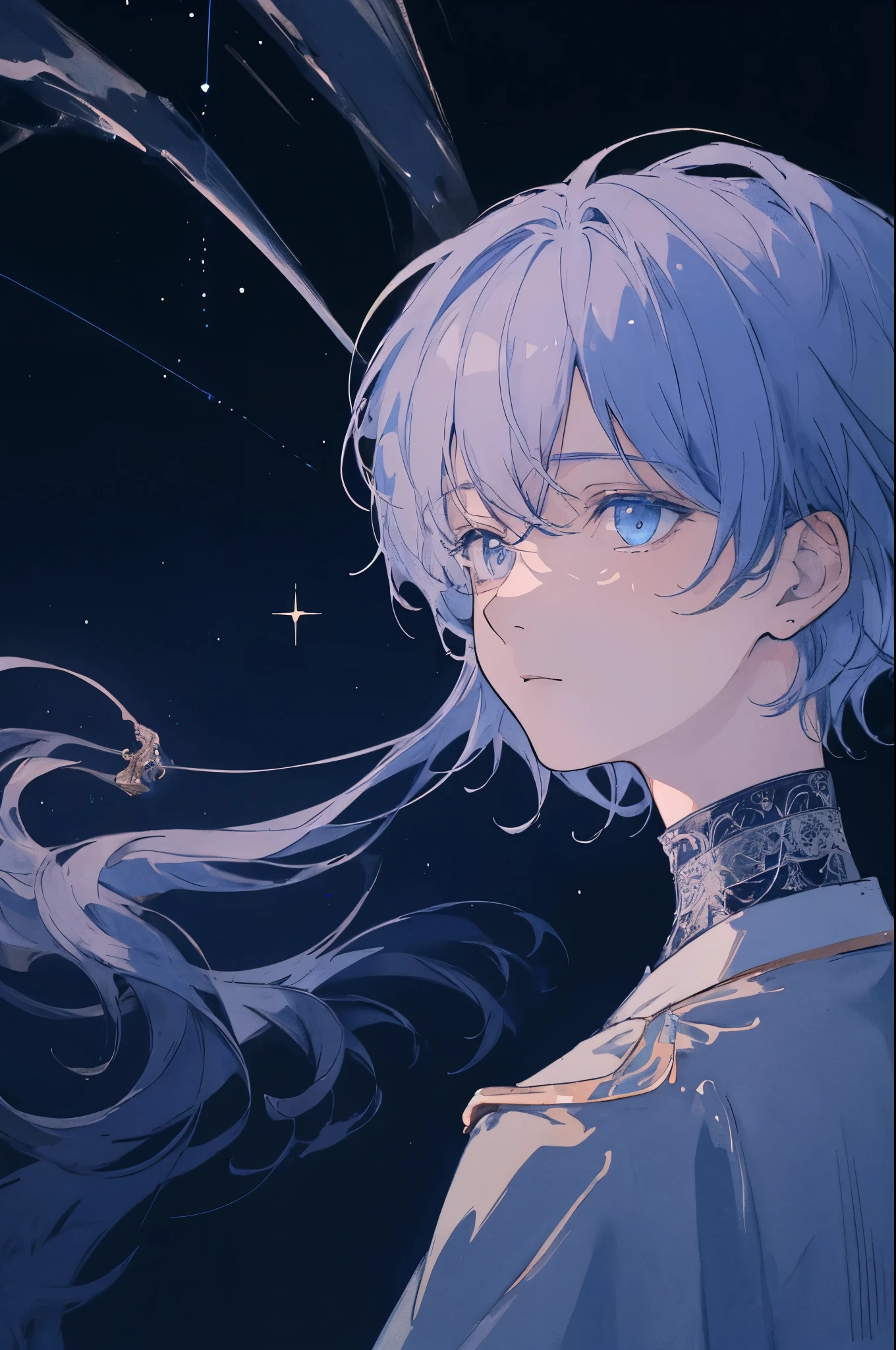 (((1boy))),(best quality:1.2,ultra-detailed,realistic,anime:1.1) sketch, atmospheric lighting, Johannes Kepler as an anime boy, blue color scheme, very detailed, detailed space, telescope,beautiful detailed eyes and face,curly hair,scientific genius,vibrant colors,dark vibes,dramatic lighting,telescope,cosmic backdrop,celestial objects,intense gaze,angelic aura,elegant attire,astrological symbols,starry night sky,meticulously sketched lines,impressive perspective,dynamic composition,universe unfolding