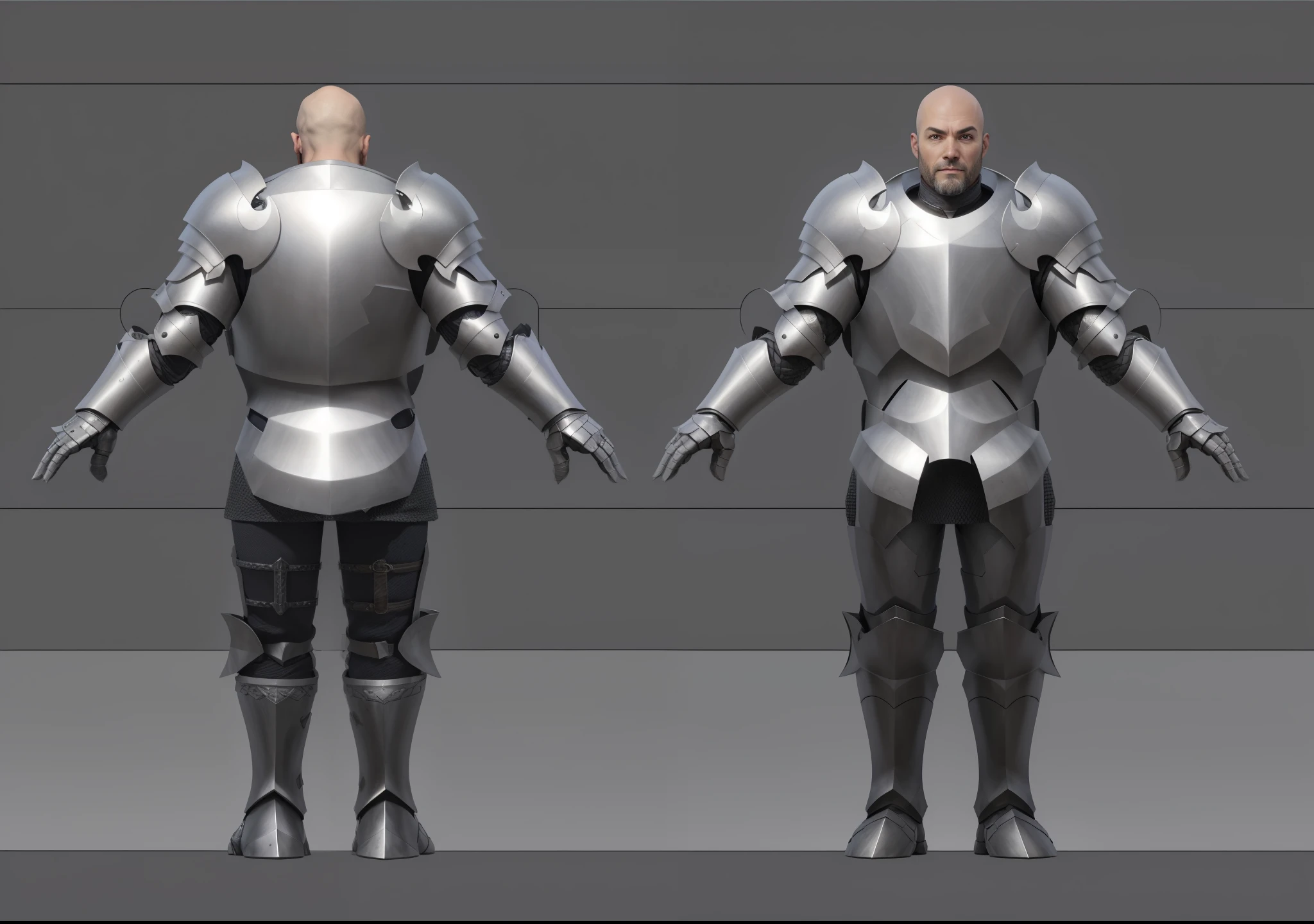 ( Realistic:1.33),(masterpiece:1.1),(highest quality:1.1),(HDR:1) a close up of a paladin with moonlit armor , full body concept, detailed full body concept, medieval paladin style character, full body character concept, new costume concept design, full body details, detailed full body concept art, full character body, character model sheet turnaround, fullbody shot turnaround, concept character sheet, full body concept art, reference model sheet , full body concept art, RPG style character, game character design, concept character, full body character concept art, 3d character reference sheet, male, video game character concept, detailed character design, character sheet, character model sheet turnaround , front and back, front and back, warrior armor, chainmail inside , medieval sleeve, (steel boot armor), moonlit shoulder armor, grey clean background, 3D character, ((detailed knee armor)), heavy armor, detail gauntlet finger