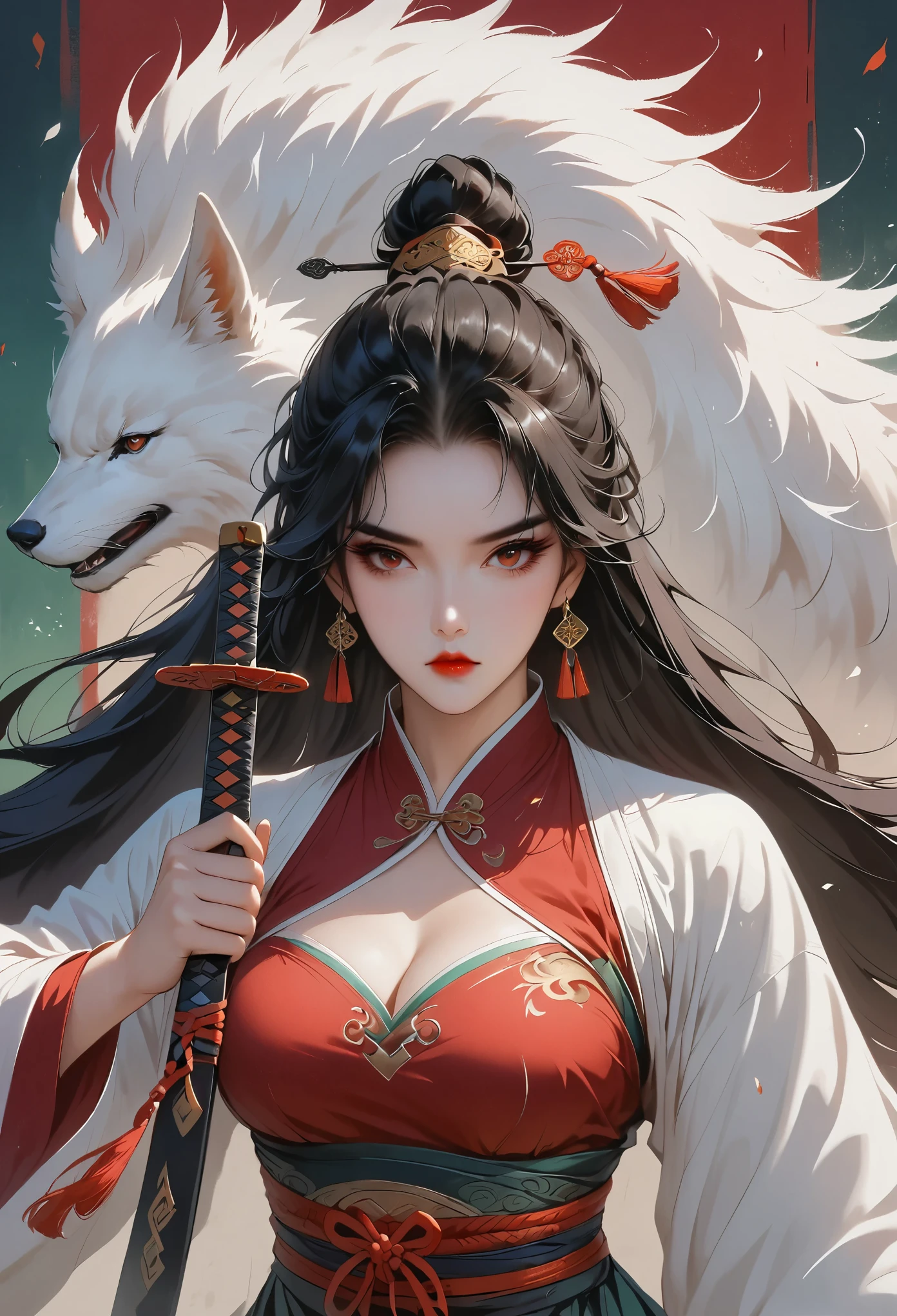 1girl, solo, long_hair, breasts, hair_ornament, red_eyes, dress, ribbon, holding, jewelry, upper_body, ponytail, weapon, white_hair, earrings, sword, holding_weapon, clothing_cutout, holding_sword, red_dress, cleavage_cutout, tassel，Correct human anatomy，Hua Mulan，beast：1.5