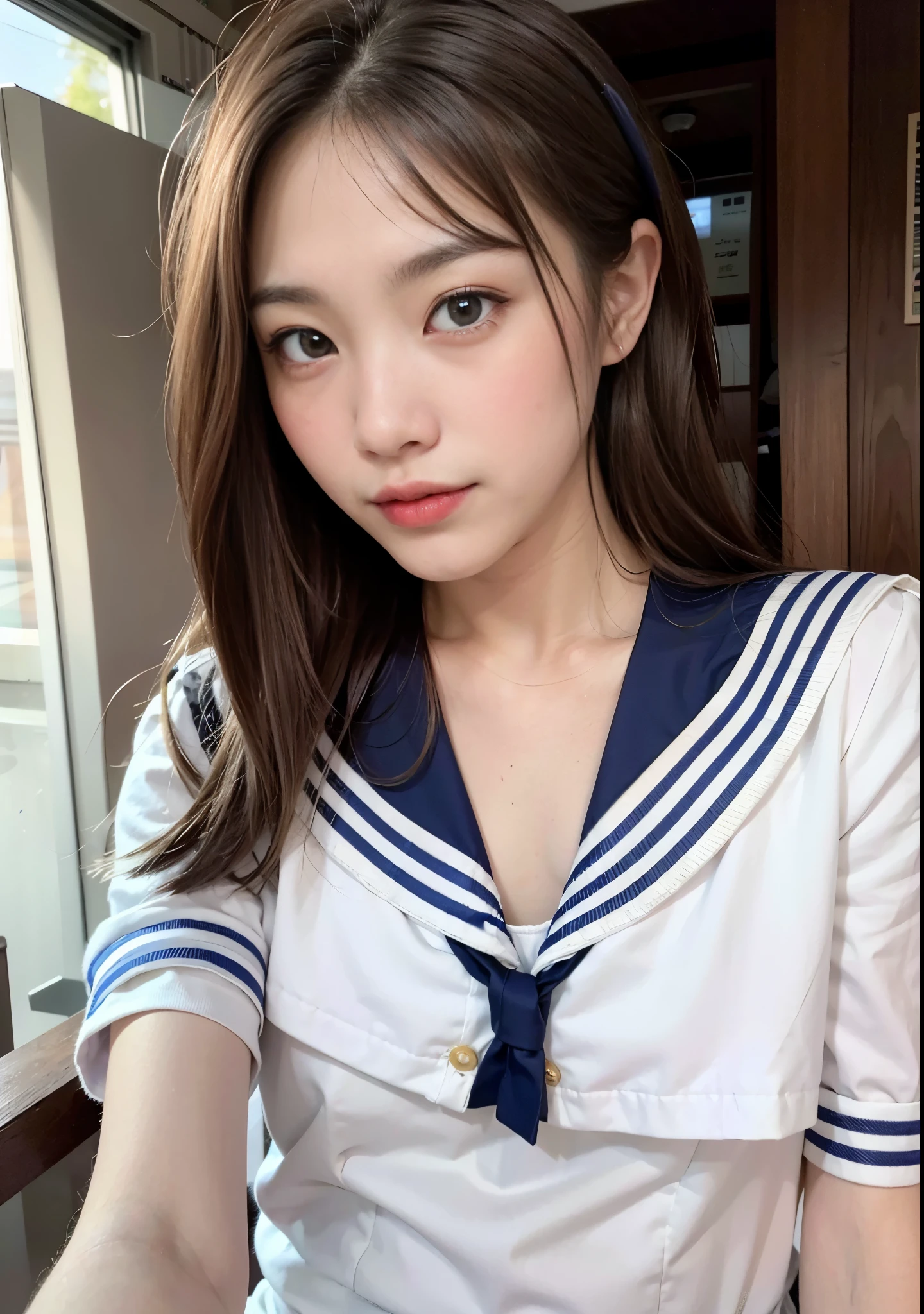 Close-up of a woman in sailor clothes posing for a photo, loose coat collar sailor suit, sailor suit, Japanese girl , wearing Japanese , Japanese , sakimichan, JK uniform, girl in uniform, seifuku, sakimi chan, sailor suit, korean girl, smooth white tight clothing suit, female sailor suits