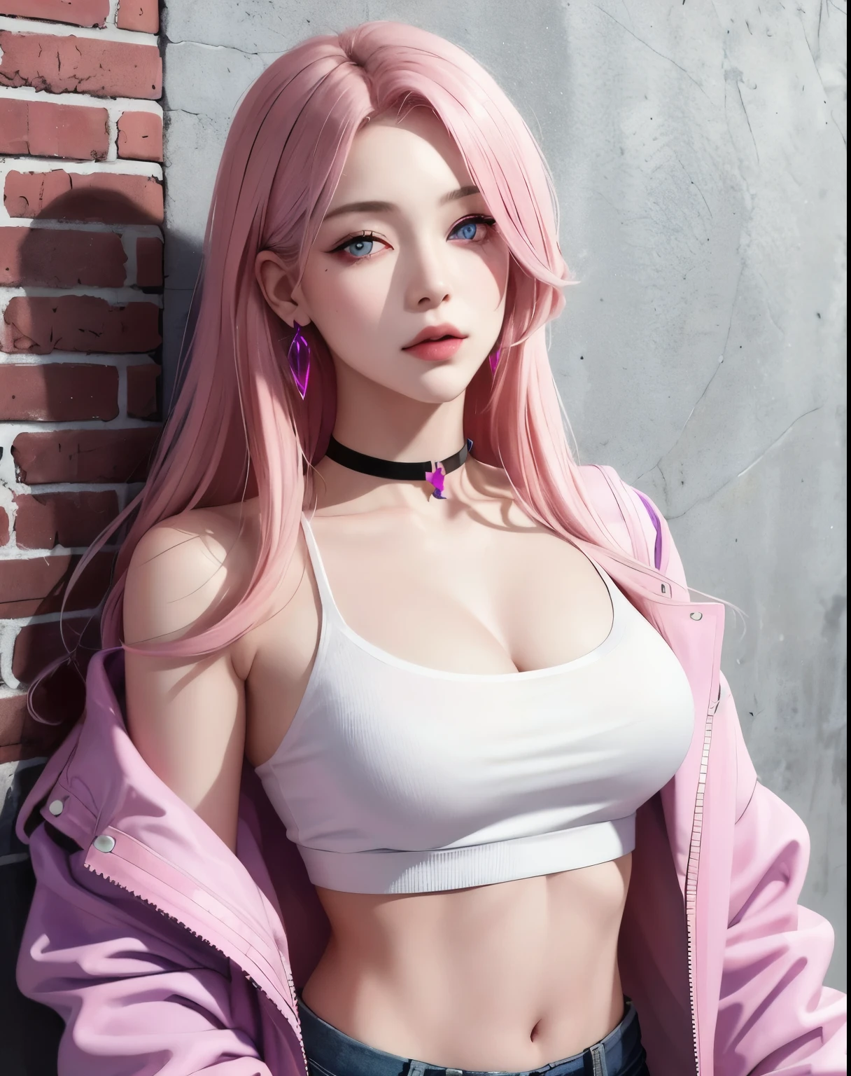 (masterpiece, best quality, 1girl, solo, intricate details, chromatic aberration), realistic, ((medium breath)),long hair, pink hair, red head ornament, pink highlights, hair over one eye,purple eyes, earrings, sharp eyes, choker, neon shirt, open jacket, crop top, (symmetry eyes),(perfect symmetrical body),against wall, brick wall, graffiti, dim lighting, alley ,look at viewer