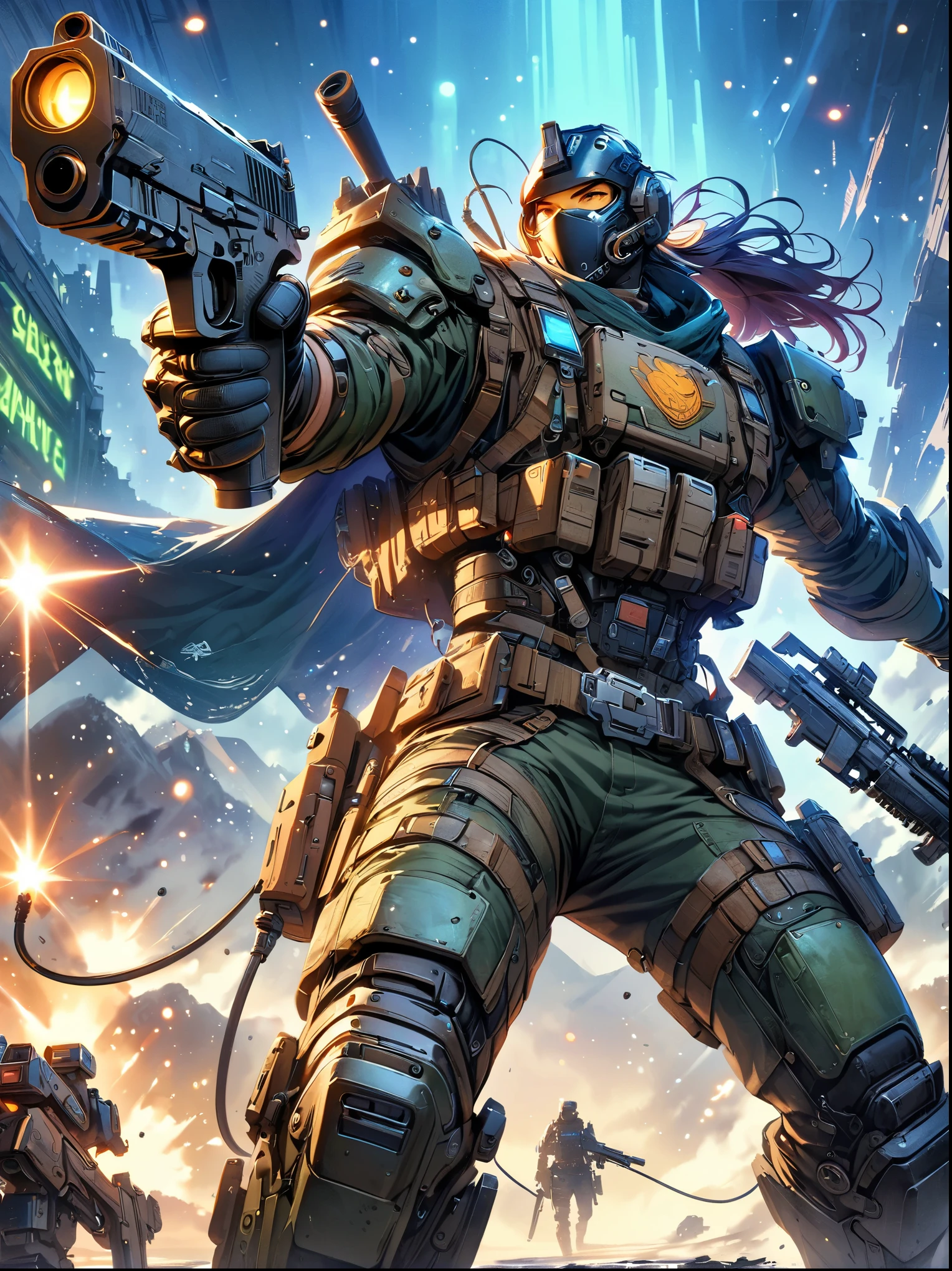 best picture quality，8k，high resolution，masterpiece，Super detailed，Realistic，ultra high definition，studio lighting，Super fine，Physical rendering，Extremely detailed description，major，Bright colors，female warrior，future，battlefield，steel体，Detailed mechanical parts，cable，gear，complex，atmosphere，Art Station Trend，Abnormal Art Trends，mechanized body，Holding a gun with one hand，(gun focus)，Aim at the target，complex的细节，Neon light rays surround，Complex and detailed machinery，Meticulous facets，steel，chrome，polished metal，cable，piston，Servo motors，off-white，weathered，dieselpunk，oil slick，electric，fantasy