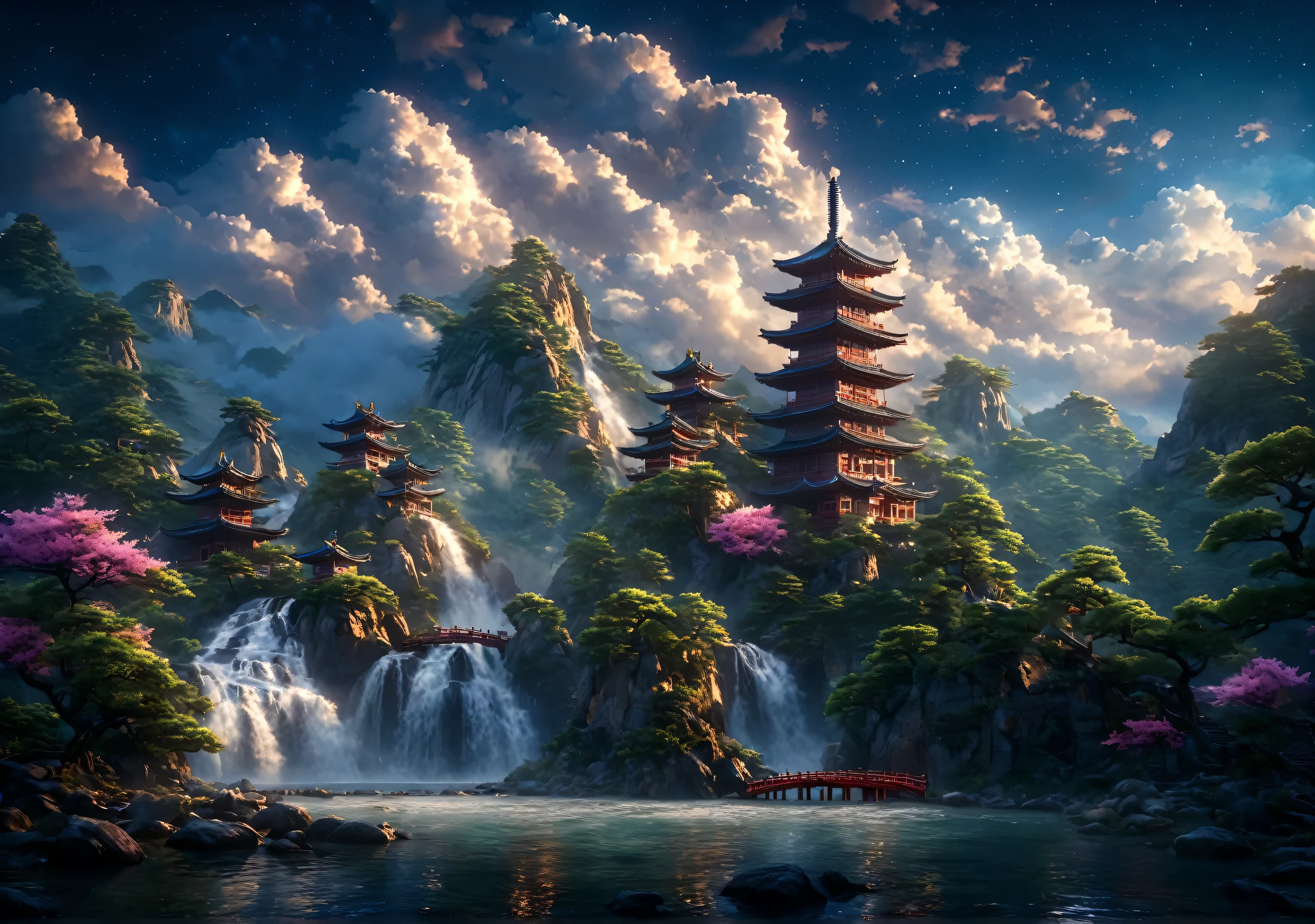 masterpiece, best quality, high quality, Very detailed CG unity 8k wallpaper, outdoor, Sky, cloud, night, no humans, Mountain, 一座中国式的寺庙坐落在Mountain坡上, pagoda,moonlight, Movie images, landscape, water, Tree, dark Sky, waterfall, cliff, nature, lake, river, cloudy Sky,Award-winning photography, Bokeh, depth of field, high dynamic range, bloom, Color difference ,lifelike,Very detailed, Popular topics on ArtStation, Trending on CGSociety, complicated, high detail, dramatic, midway art