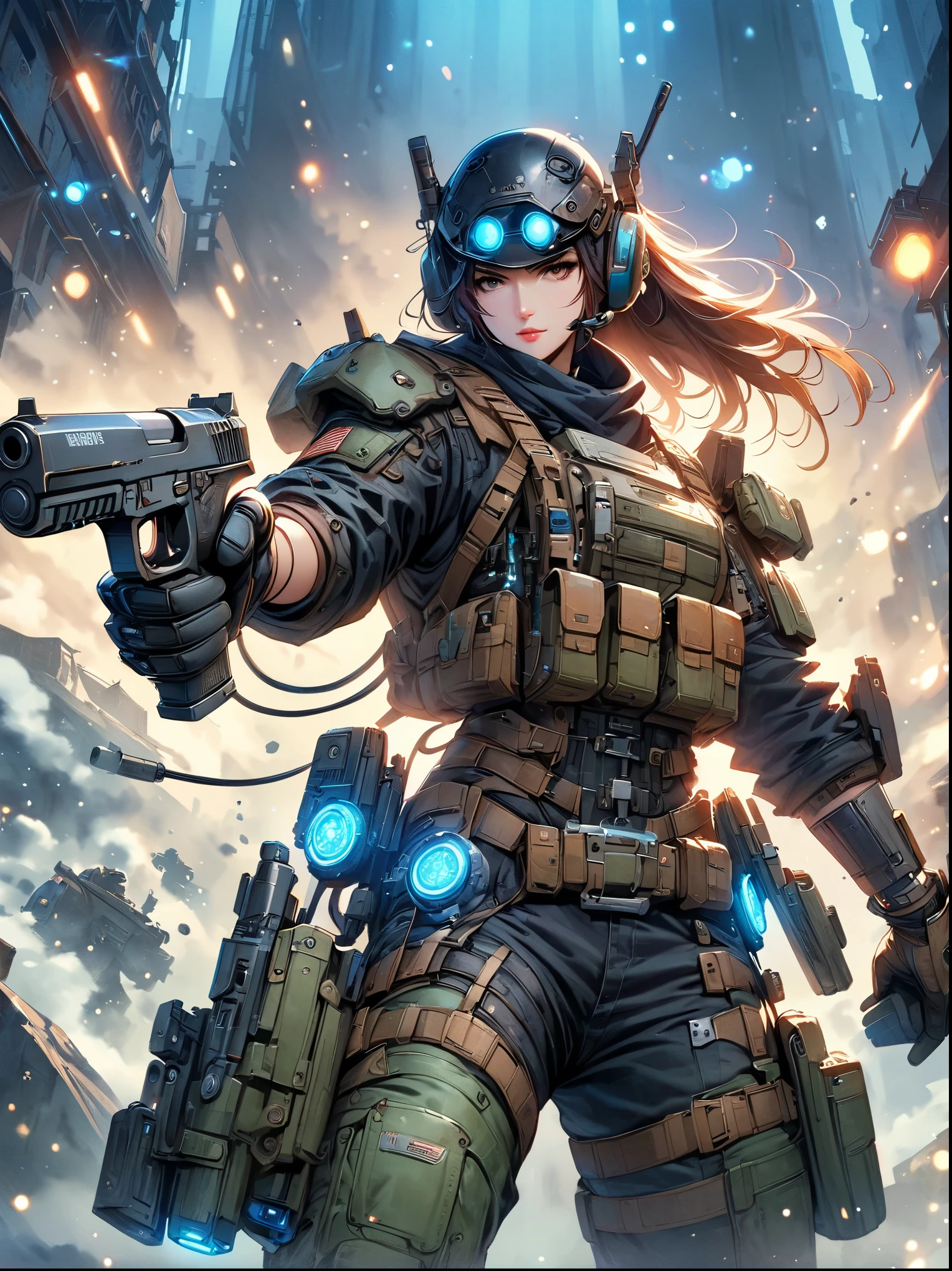 best picture quality,8k,high resolution,masterpiece,Super detailed,Realistic,ultra high definition,studio lighting,Super fine,Physical rendering,Extremely detailed description,major,Bright colors,Male samurai bust,future,battlefield,steel铁体,Detailed mechanical parts,cable,gear,complex,atmosphere,Art Station Trend,Abnormal Art Trends,mechanized body,Hold a gun in both hands,gun focus,aim,complex的细节,light,Complex and detailed machinery,Meticulous facets,steel,chrome,polished metal,cable,piston,Servo motors,off-white,weathered,dieselpunk,oil slick,electric,fantasy