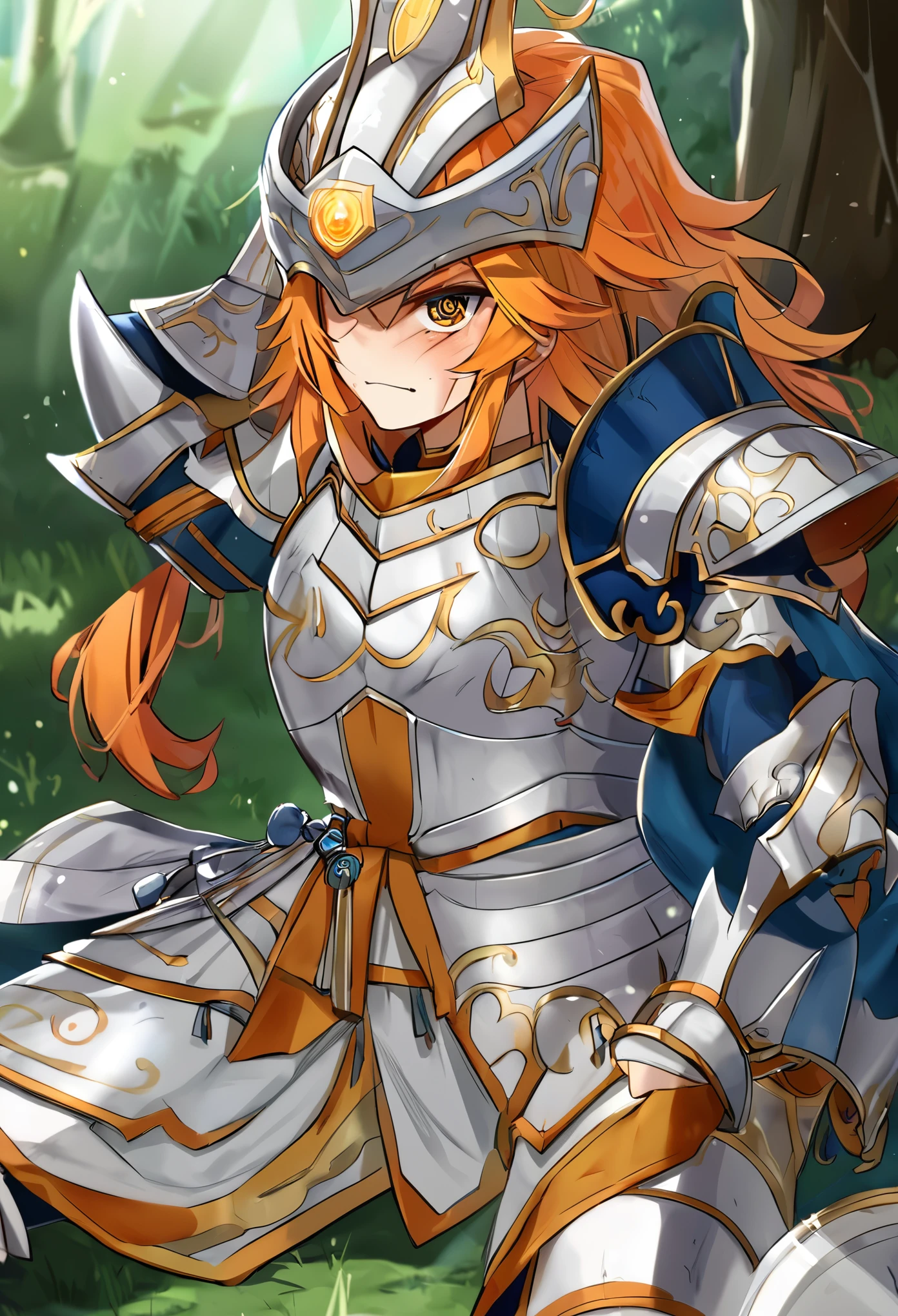 Lefiya Viridis, la valiente elfa de cabello naranja, luce una armadura de aspecto medieval que muestra claros signos de batalla y desgaste. Su armadura, una vez resplandeciente y adornada con detalles elegantes, Now it is marked by the passage of time and the numerous confrontations in which it has participated..Lefiya's helmet is of classic design, with a raised visor that reveals his determined face and sparkling eyes full of determination. Although the helmet is dented and some parts are worn, still retains its protective form and functionality.The rest of his armor follows an authentic medieval style. The breastplate and shoulder pads are marked by bumps and scratches., evidencia de los combates en los que ha estado involucrada. The metal plates covering his arms and legs show cut marks and scratches., but still provide a solid defense.Bajo la armadura, Lefiya wears a sturdy and functional tunic that shows signs of wear, but still serves its purpose of providing comfort and freedom of movement in battle. His bright orange hair contrasts with the metallic tone of the armor., adding a touch of color and vibrancy to your warrior look.A pesar de los estragos visibles en su armadura, Lefiya exudes an aura of strength and determination, ready to face any challenge that comes your way as a brave adventurer of the Loki Family.