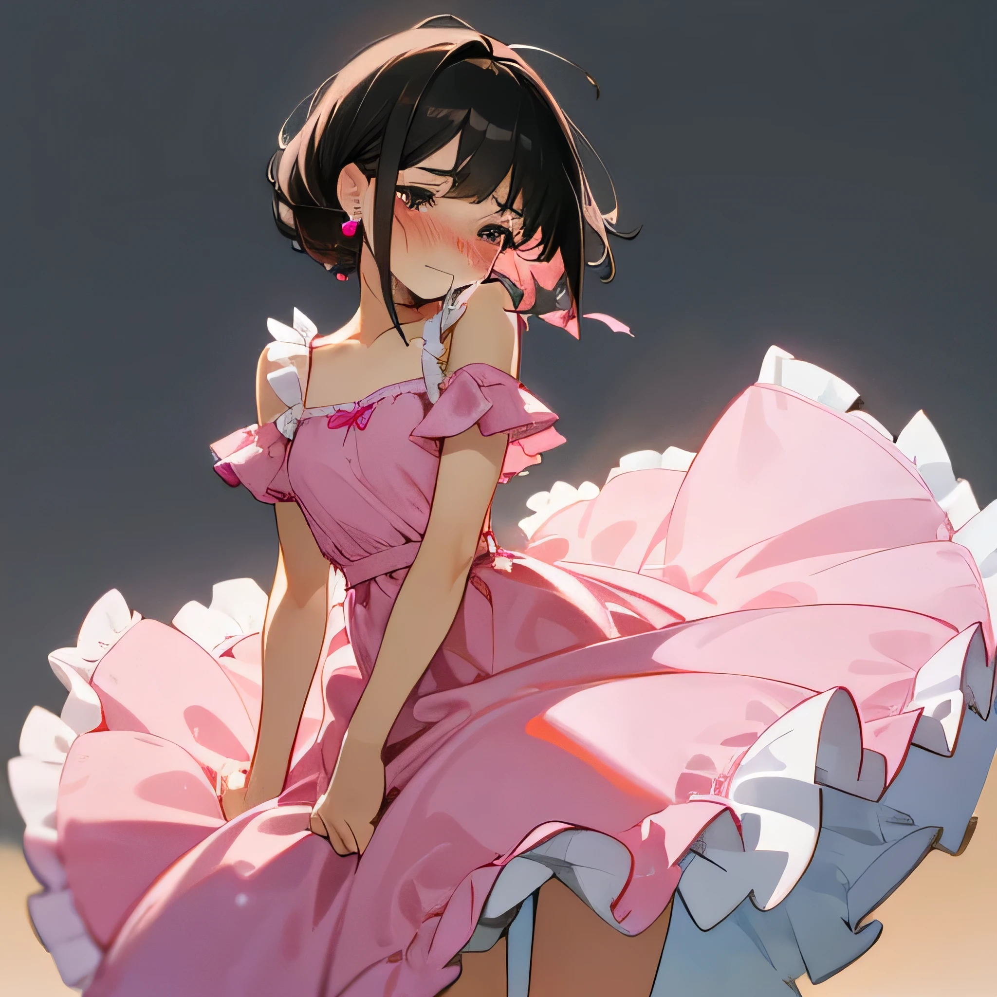 pink dress with ruffled hem, pink dress, wearing a pink dress, flowing dress, summer dress, feminine girly dress, wearing a flowing dress, wearing a flowing sundress, romantic dress, dressed in a pink dress, flowy, cute sundress, wearing in a summer dress, frill, flowy fabric, sundress, short dress, short skirt, very short dress, very short skirt, panties, panties showing, showing panties, white panties, panties with ruffles, panties with pink ruffles, brown eyes, black hair, shoulder length hair, short hair, medium height, dimples, dimples on cheek, earrings, huge earrings, ashamed, embarrassed, blushing, male, boy