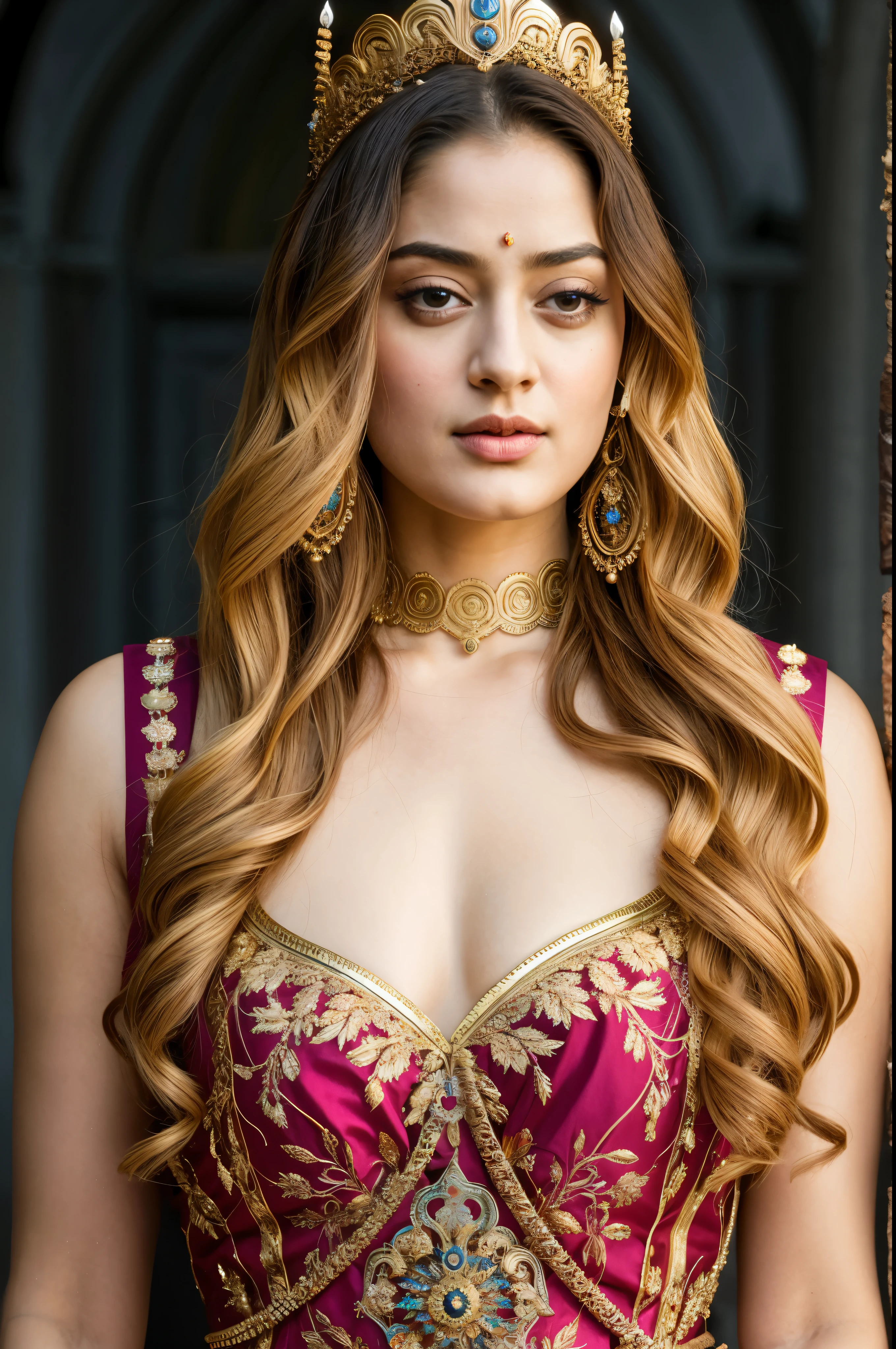 Looks like Sandeepa Dhar, "Design an illustration of a stunning and powerful warrior queen with a regal presence. She should possess a combination of strength and grace. Imagine her in ornate, yet practical armor that complements her figure. The armor should be adorned with intricate details and symbols representing her royal lineage and warrior prowess. Her weapon of choice could be a unique and elegant sword or a mythical weapon that reflects her status as a formidable leader.

Her facial features should exude confidence and determination, with piercing eyes that convey both fierceness and wisdom. The queen's hair, whether long or short, should flow dynamically, hinting at her movement in battle. Consider incorporating elements that emphasize her connection to nature or a mythical realm, such as ethereal backgrounds, symbolic animals, or mystical symbols.

Pay attention to the color palette; use rich, bold colors that enhance her royal aura. Experiment with lighting to highlight specific details and create a sense of drama. Ensure that her posture and expression capture the essence of a queen who commands respect and admiration. Feel free to draw inspiration from historical warrior queens or fictional characters, blending elements to create a unique and captivating image."