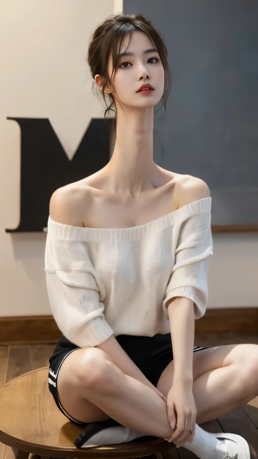 (ultra realistic, highly detailed:1.4), best quality, masterpiece
girl, 18 yo. asian woman, loose long brown hair, v-neck sweater and high rise shorts, massive breasts, cleavage, (longneck:1.5)