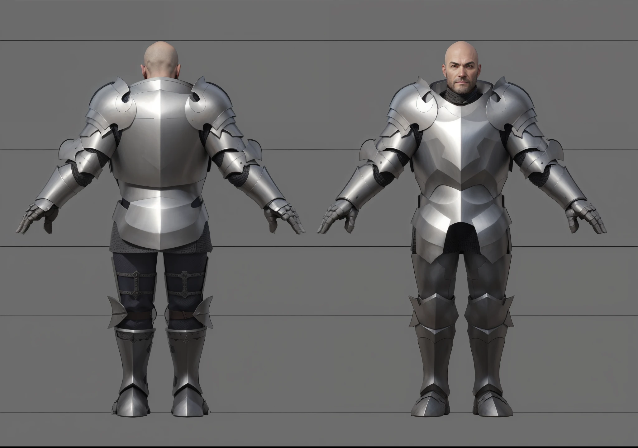 ( Realistic:1.33),(masterpiece:1.1),(highest quality:1.1),(HDR:1) a close up of a paladin with moonlit armor , full body concept, detailed full body concept, medieval paladin style character, full body character concept, new costume concept design, full body details, detailed full body concept art, full character body, character model sheet turnaround, fullbody shot turnaround, concept character sheet, full body concept art, reference model sheet , full body concept art, RPG style character, game character design, concept character, full body character concept art, 3d character reference sheet, male, video game character concept, detailed character design, character sheet, character model sheet turnaround , front and back, front and back, warrior armor, chainmail inside , medieval sleeve, (steel boot armor), moonlit shoulder armor, grey clean background, 3D character, ((detailed knee armor)), heavy armor, detail gauntlet finger