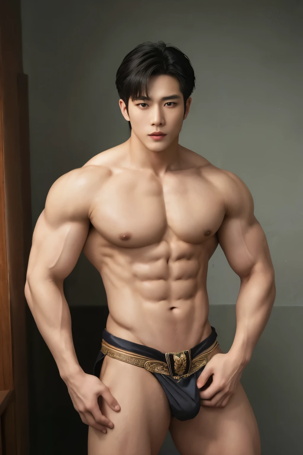 best illustration, best quality, Magnificent Background, a muscular, wealthy and sexy asian man wearing a thai traditional loincloth. The man has a sculpted physique and is clearly in good shape. He is wearing a loincloth that reveals his muscular buttocks and thighs, giving him a provocative and seductive appearance. The man has a confident and sure expression on his face, as if he knows that he is attractive and desirable. The overall effect is one of seduction and temptation, as if the man invited the viewer to admire his body and fantasize about what it would be like to be with it.