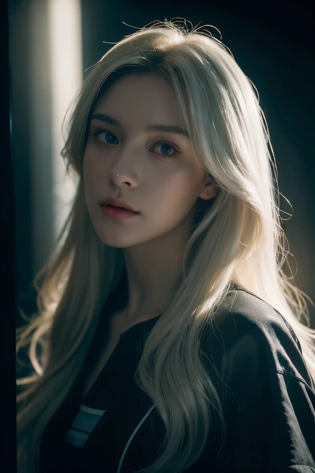 (front focus),(in the dark:1.6), Hyperrealist portrait of female by david hockney and alphonse mucha,fantasy art, photo realistic, dynamic lighting, artstation, poster, volumetric lighting, very detailed faces, 4 k, award winning,, 1girl, in the dark, deep shadow, low key,cowboy shot,(official clothing:1.4) ,long hair,white hair,