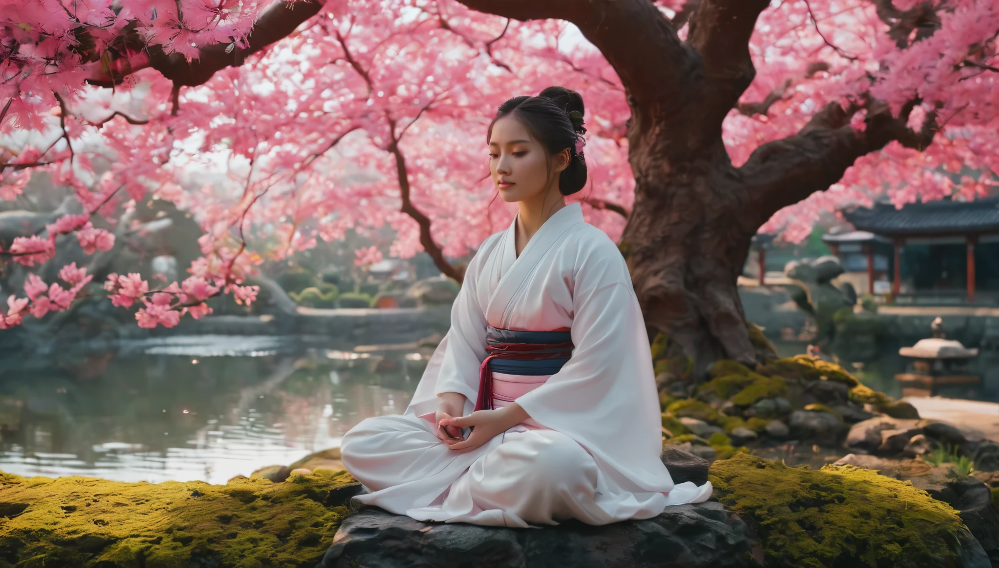 Samurai Girl meditating siting smiling resting in ancient garden whit big pink tree near pond insanely detailed, beautiful detailed face,beautiful detailed eyes, masterpiece, best quality, white clothes, glowing flora around, (Cold light source:1.2), Lonely, voluminous lighting, BREAK (tmasterpiece:1.2), (beste-Qualit), 4k, Ultra-detailed, (Dynamic composition: 1.4), Detailed, colorful details, (glowing color scheme: 1.2), (Glowing Lighting, Ambiance Lighting), dreamy, fantasy , (solo: 1.2)