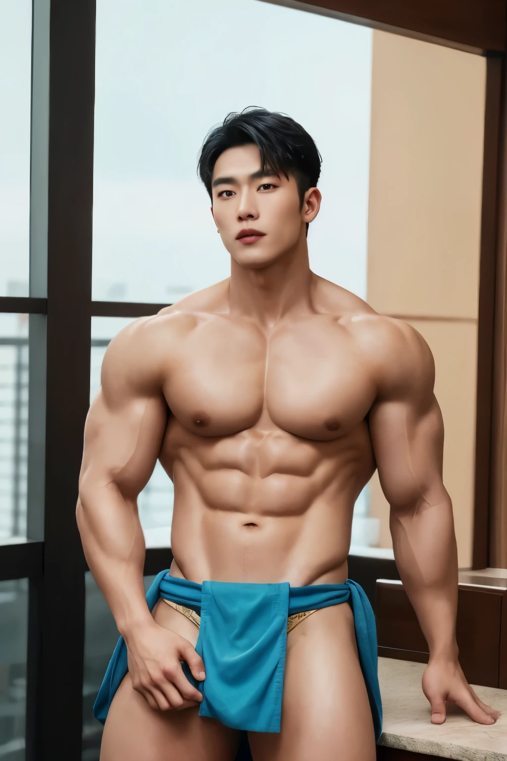 best illustration, best quality, Magnificent Background, a muscular, wealthy and sexy asian man wearing a thai traditional loincloth. The man has a sculpted physique and is clearly in good shape. He is wearing a loincloth that reveals his muscular buttocks and thighs, giving him a provocative and seductive appearance. The man has a confident and sure expression on his face, as if he knows that he is attractive and desirable. The overall effect is one of seduction and temptation, as if the man invited the viewer to admire his body and fantasize about what it would be like to be with it.