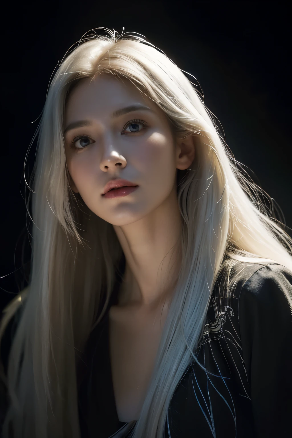 (front focus),(in the dark:1.6), Hyperrealist portrait of female by david hockney and alphonse mucha,fantasy art, photo realistic, dynamic lighting, artstation, poster, volumetric lighting, very detailed faces, 4 k, award winning,, 1girl, in the dark, deep shadow, low key,cowboy shot,(official clothing:1.4) ,long hair,white hair,